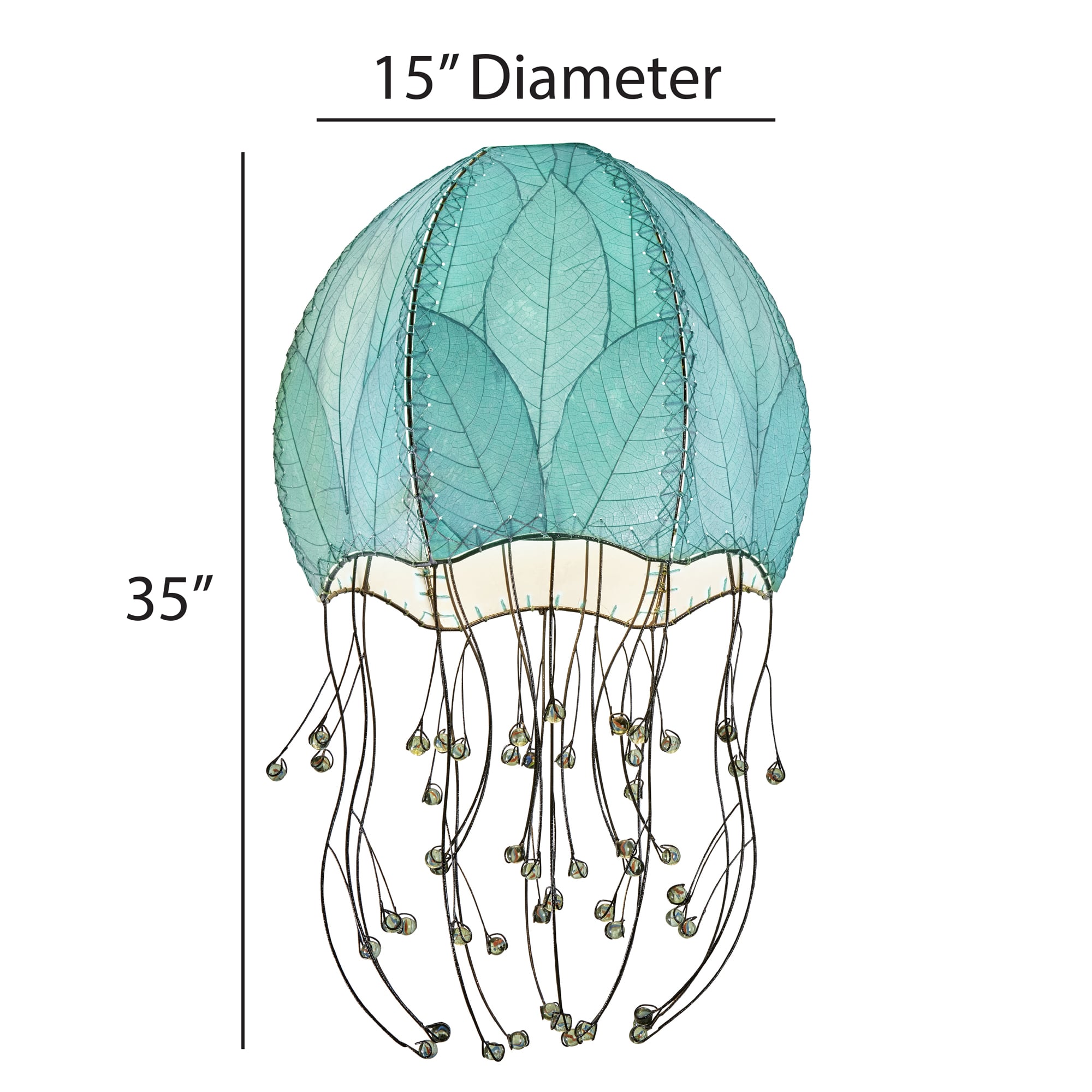 Crafted by the artisans of Eangee Home Design, the Jellyfish Pendant in sea blue against a clean backdrop, featuring fossilized cocoa leaf shade, wrought iron frame, handcrafted.