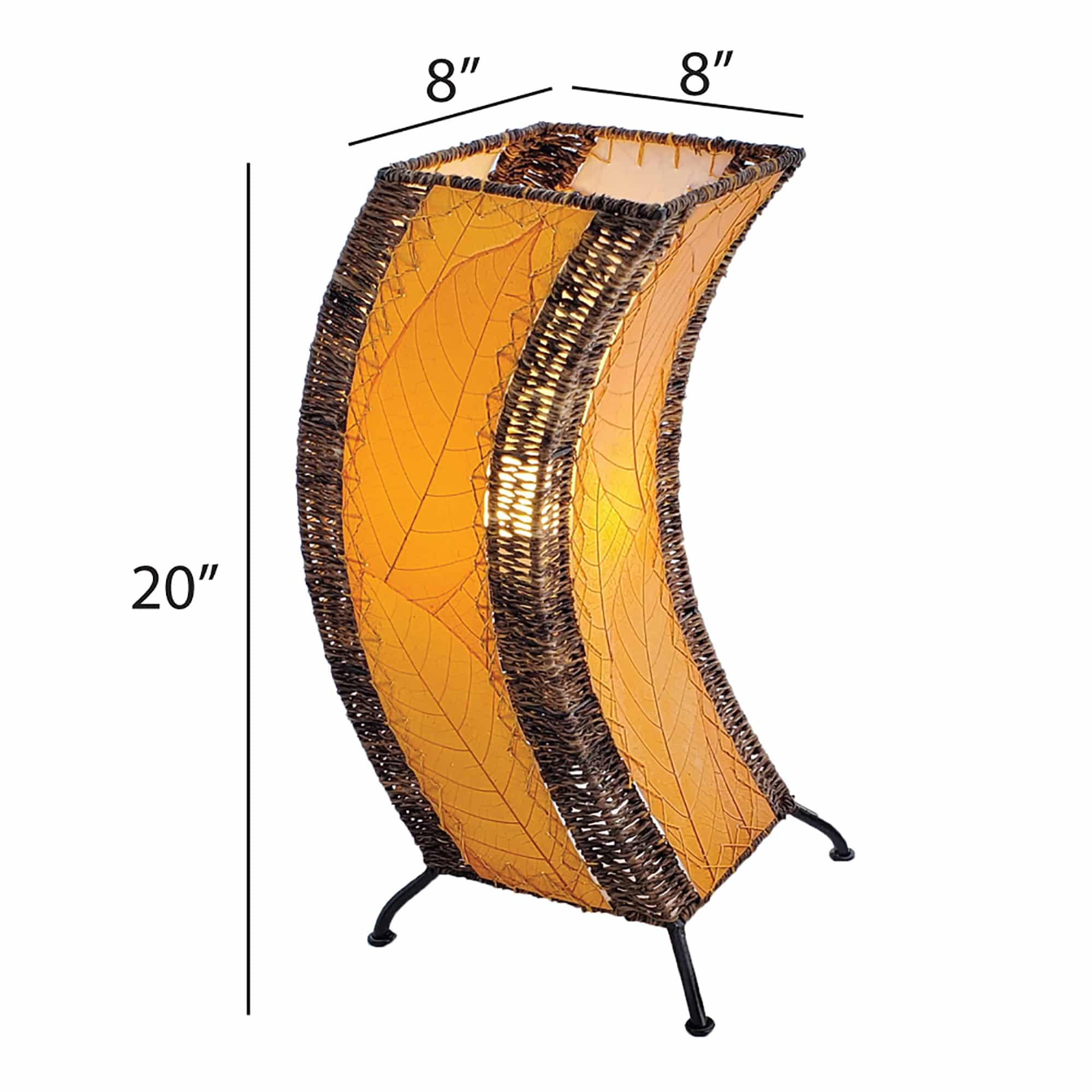 Crafted by the artisans of Eangee Home Design, the C Shape Table Lamp in orange against a clean backdrop, featuring fossilized cocoa leaf shade, abaca rope accents, fair trade, handcrafted.