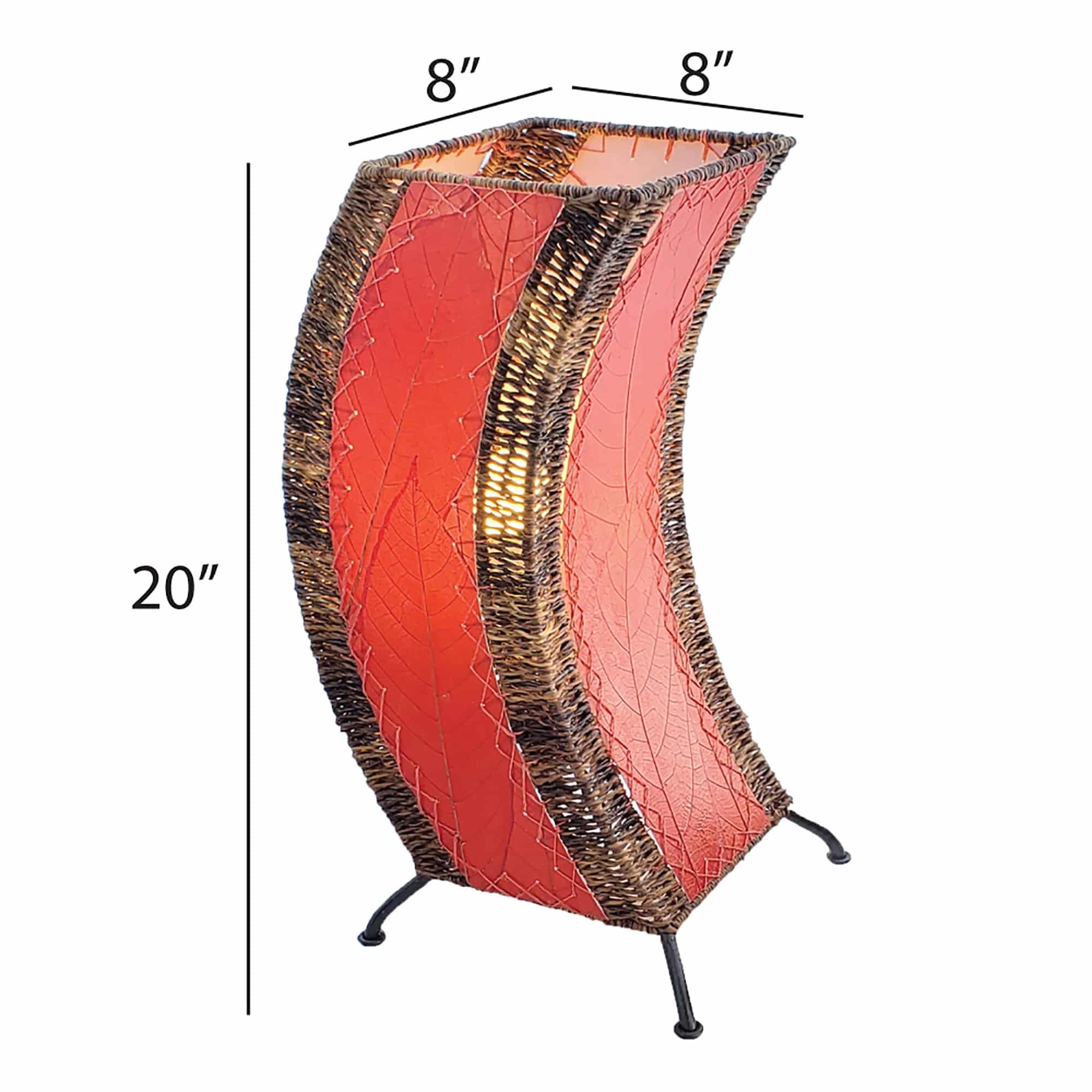 Crafted by the artisans of Eangee Home Design, the C Shape Table Lamp in red against a clean backdrop, featuring fossilized cocoa leaf shade, abaca rope accents, fair trade, handcrafted.