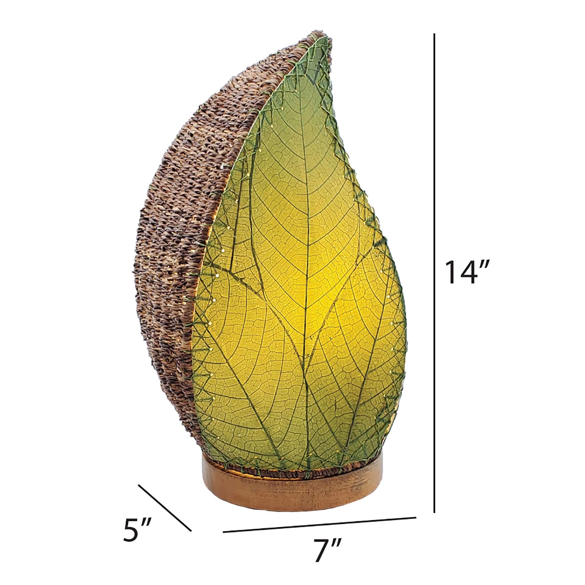 Crafted by the artisans of Eangee Home Design, the Leaflet Table Lamp in green against a clean backdrop, featuring fossilized cocoa leaf shade, abaca rope accents, reclaimed mango wood base, wrought iron frame, sustainably sourced.