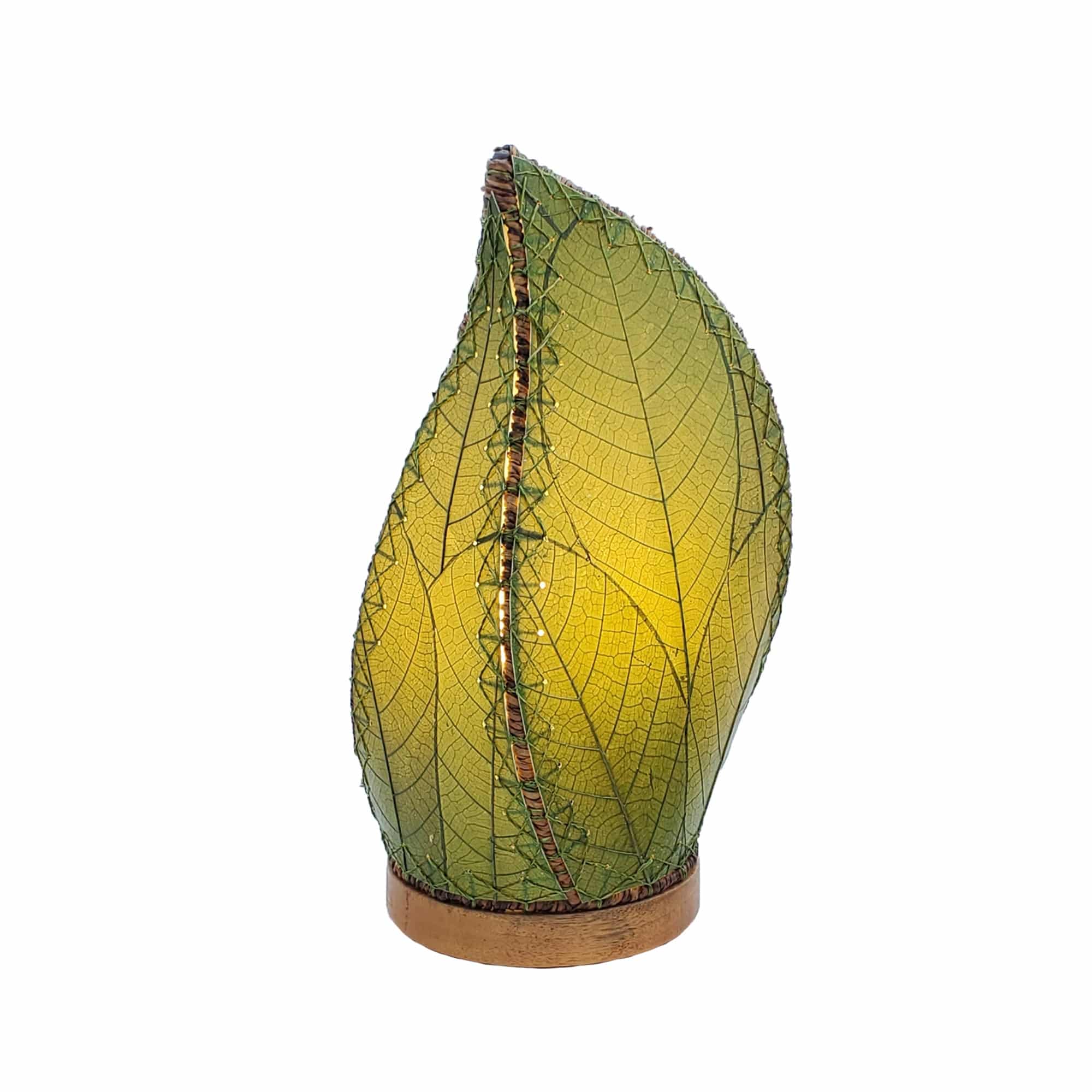 Crafted by the artisans of Eangee Home Design, the Leaflet Table Lamp in green against a clean backdrop, featuring fossilized cocoa leaf shade, abaca rope accents, reclaimed mango wood base, wrought iron frame, sustainably sourced.