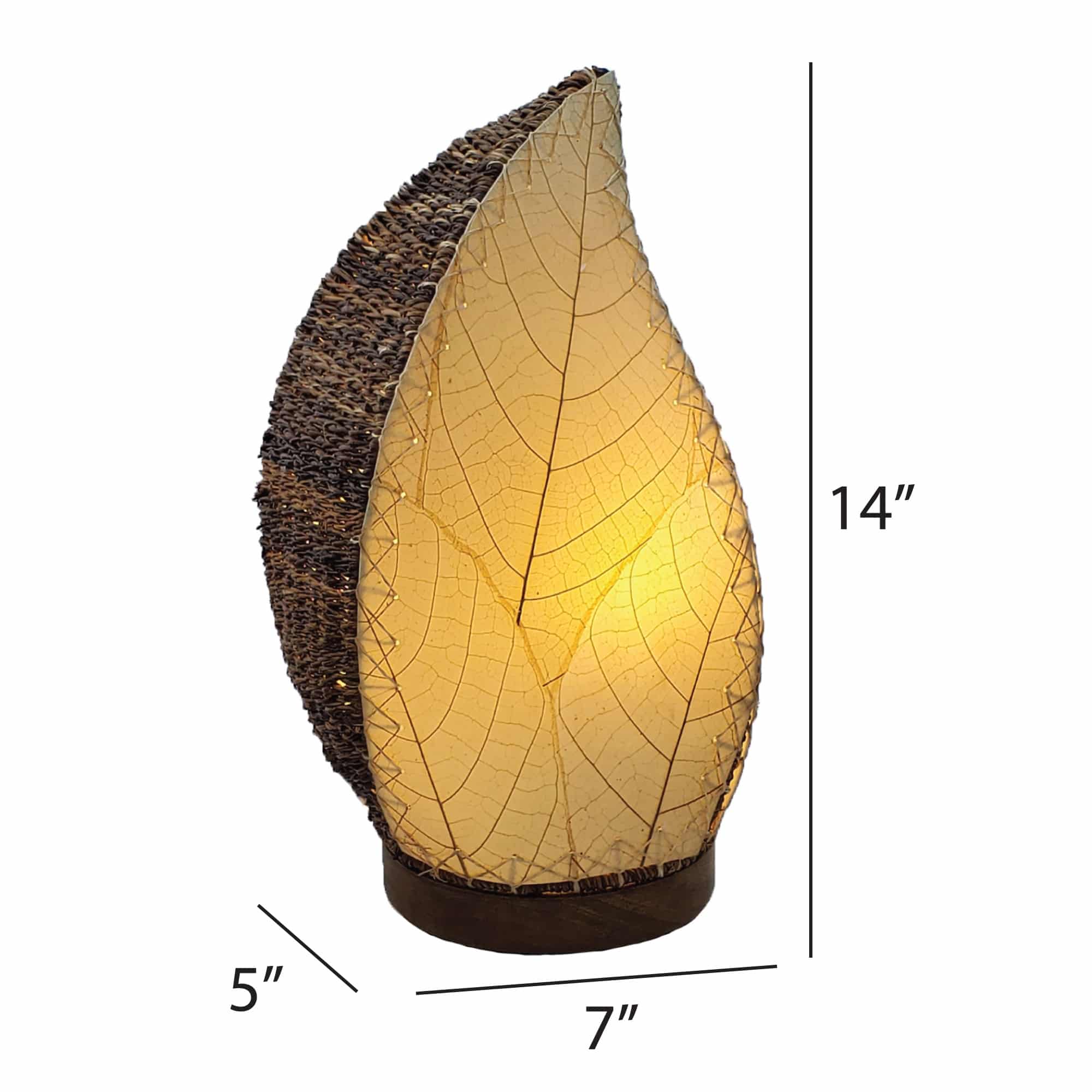Crafted by the artisans of Eangee Home Design, the Leaflet Table Lamp in natural against a clean backdrop, featuring fossilized cocoa leaf shade, abaca rope accents, reclaimed mango wood base, wrought iron frame, sustainably sourced.