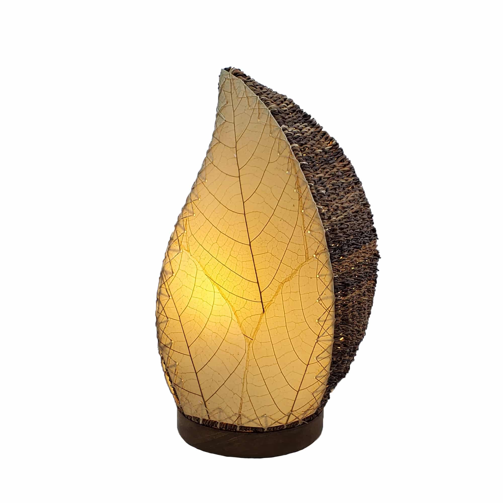 Crafted by the artisans of Eangee Home Design, the Leaflet Table Lamp in natural against a clean backdrop, featuring fossilized cocoa leaf shade, abaca rope accents, reclaimed mango wood base, wrought iron frame, sustainably sourced.
