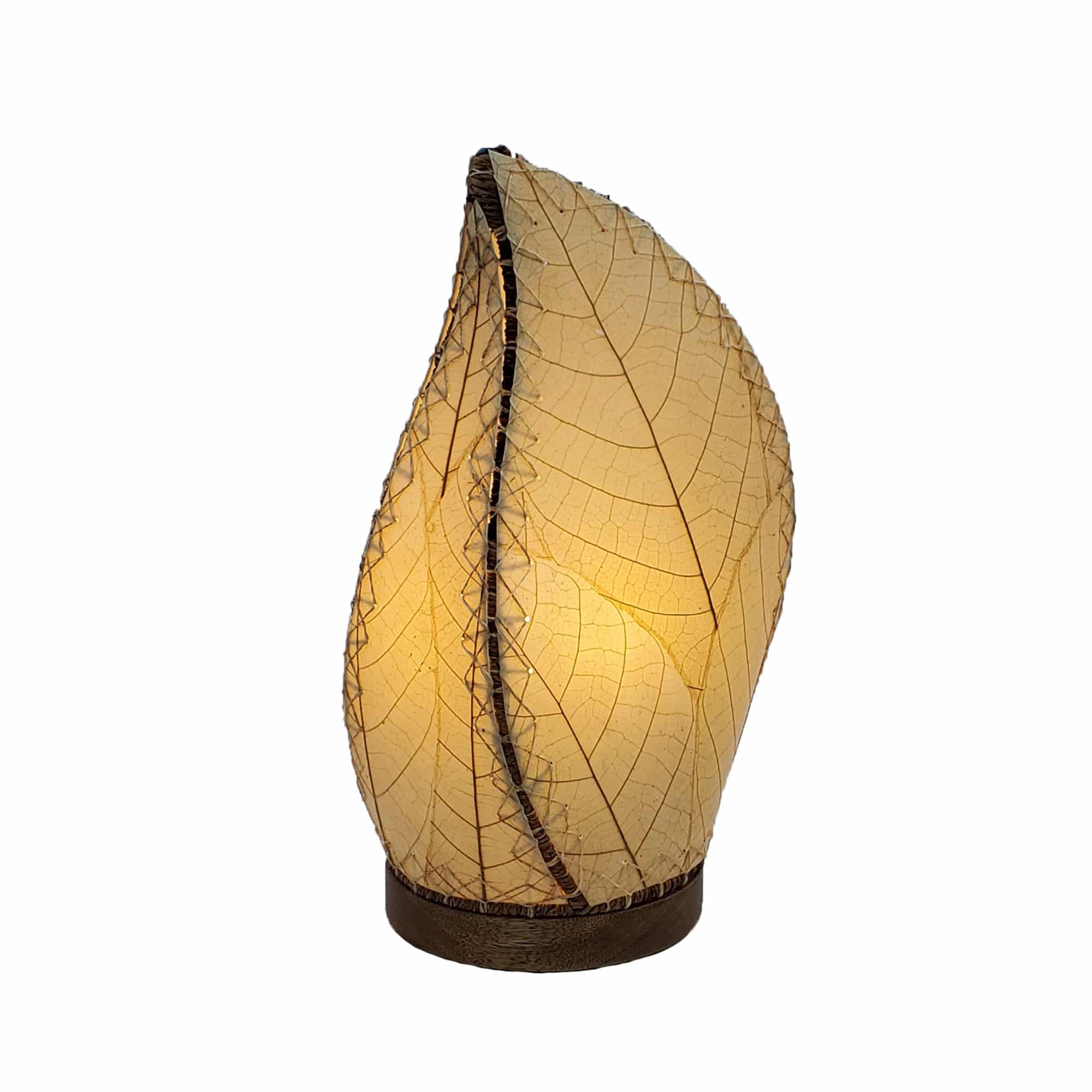 Crafted by the artisans of Eangee Home Design, the Leaflet Table Lamp in natural against a clean backdrop, featuring fossilized cocoa leaf shade, abaca rope accents, reclaimed mango wood base, wrought iron frame, sustainably sourced.