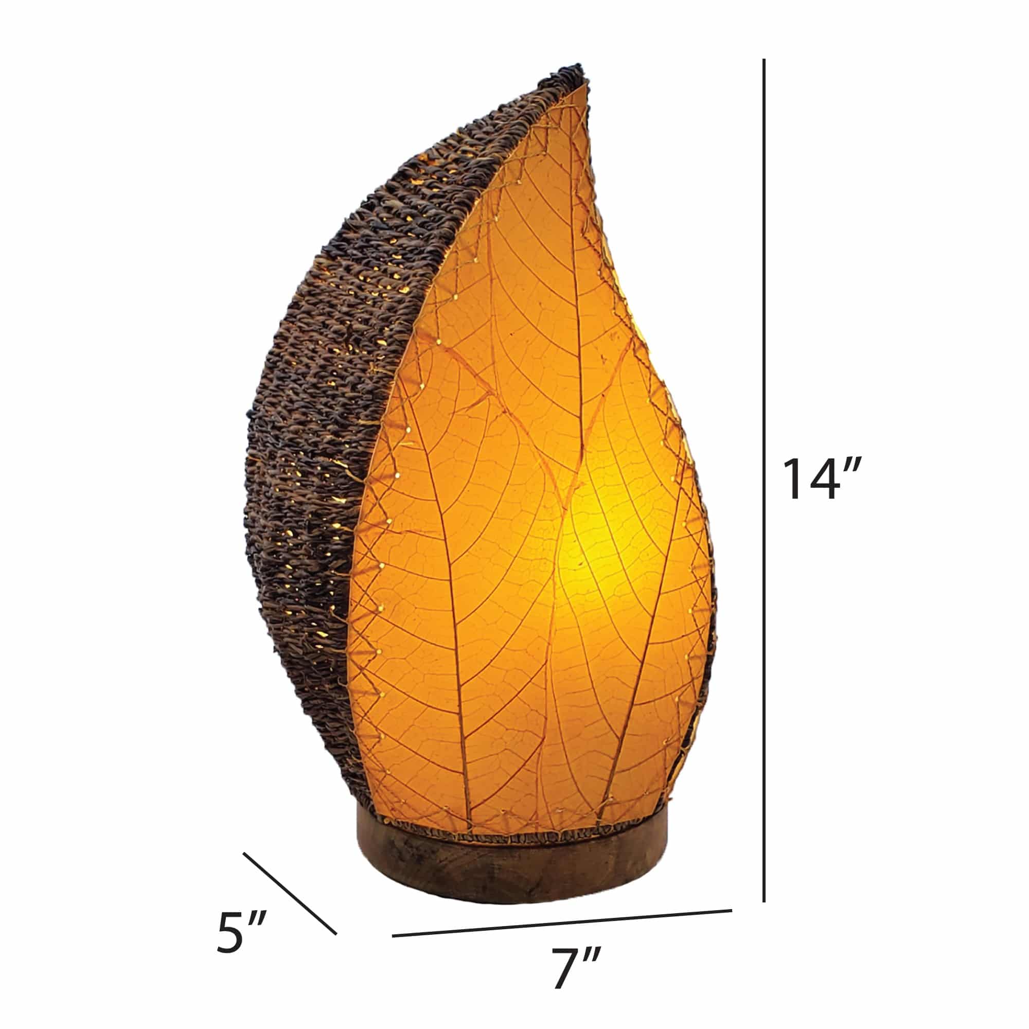Crafted by the artisans of Eangee Home Design, the Leaflet Table Lamp in orange against a clean backdrop, featuring fossilized cocoa leaf shade, abaca rope accents, reclaimed mango wood base, wrought iron frame, sustainably sourced.