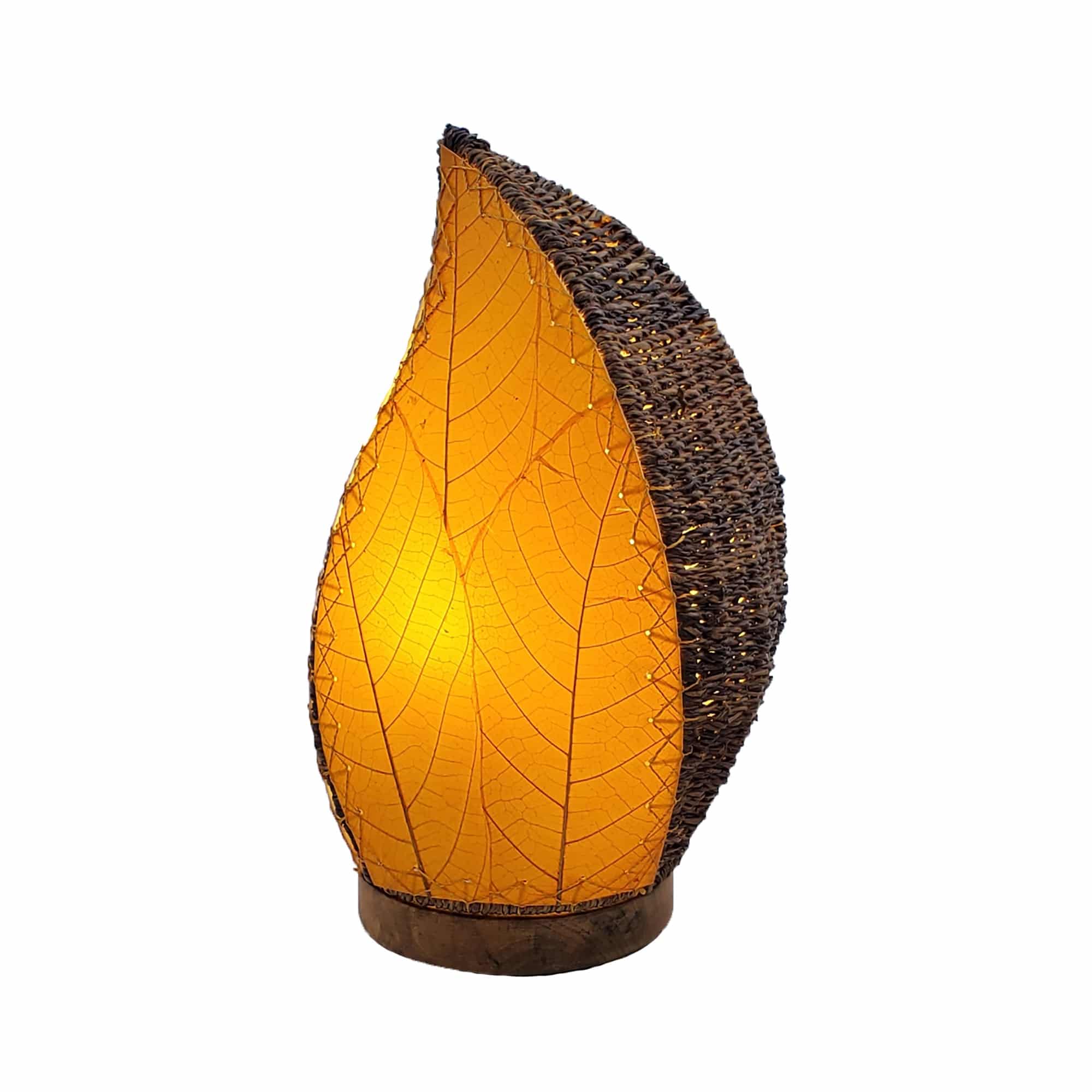 Crafted by the artisans of Eangee Home Design, the Leaflet Table Lamp in orange against a clean backdrop, featuring fossilized cocoa leaf shade, abaca rope accents, reclaimed mango wood base, wrought iron frame, sustainably sourced.