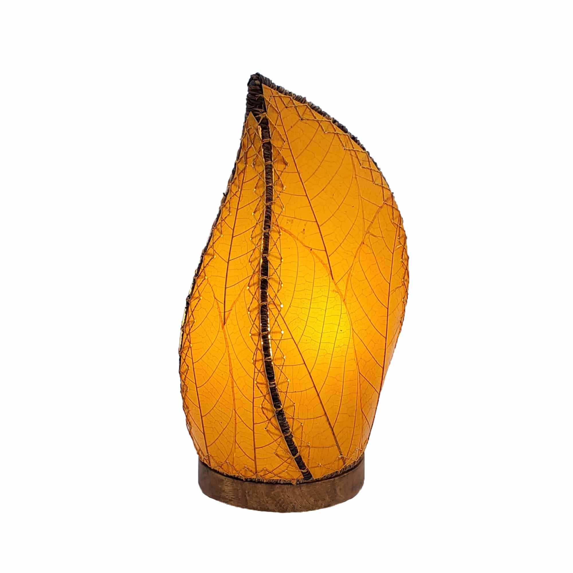 Crafted by the artisans of Eangee Home Design, the Leaflet Table Lamp in orange against a clean backdrop, featuring fossilized cocoa leaf shade, abaca rope accents, reclaimed mango wood base, wrought iron frame, sustainably sourced.