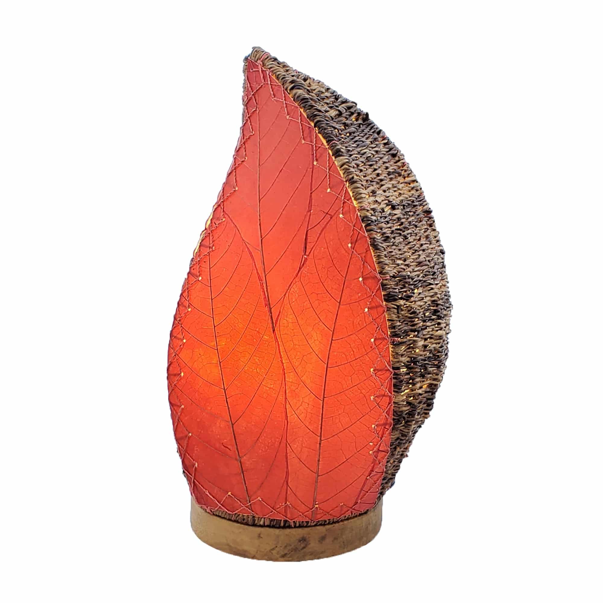 Crafted by the artisans of Eangee Home Design, the Leaflet Table Lamp in red against a clean backdrop, featuring fossilized cocoa leaf shade, abaca rope accents, reclaimed mango wood base, wrought iron frame, sustainably sourced.