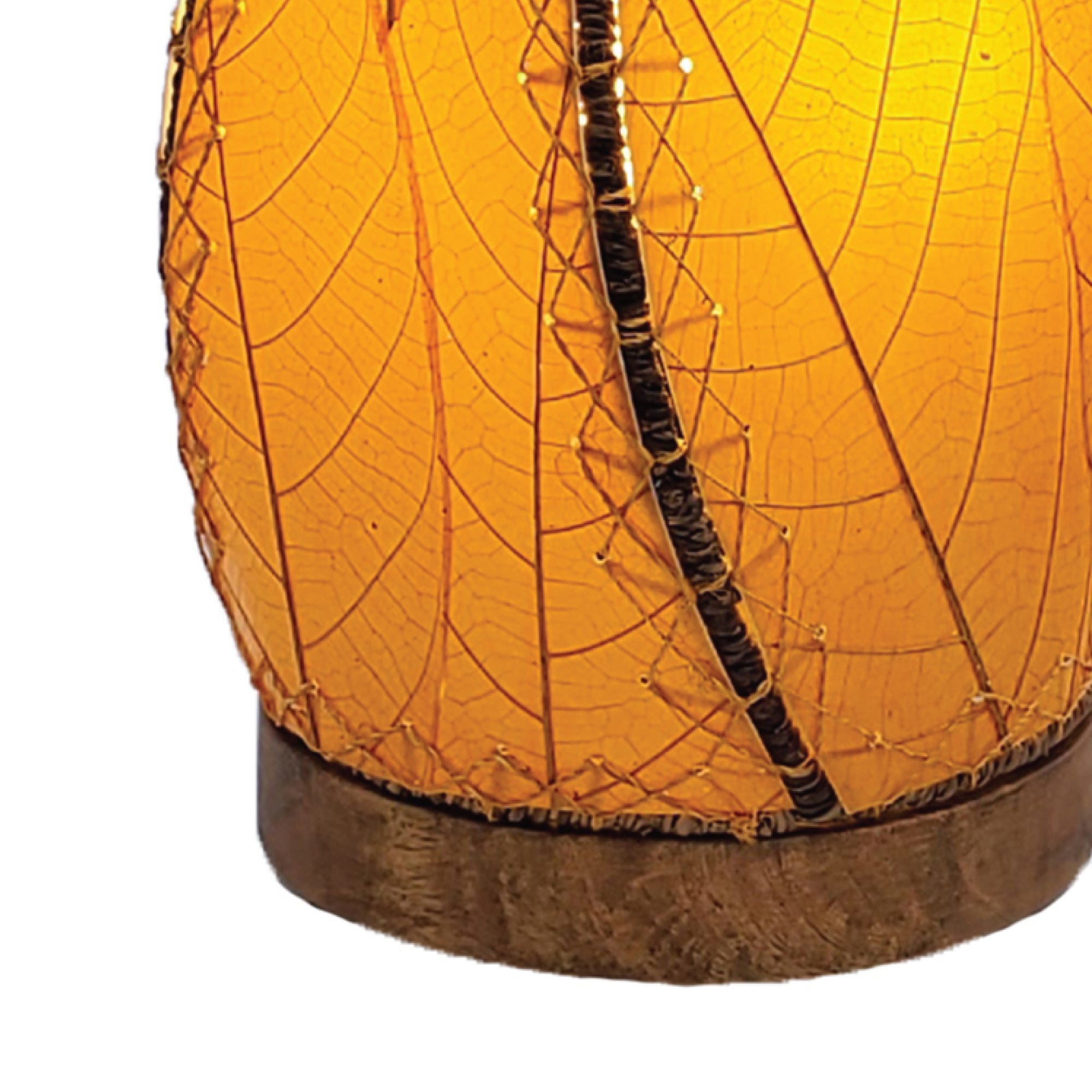 Crafted by the artisans of Eangee Home Design, the Leaflet Table Lamp in orange against a clean backdrop, featuring fossilized cocoa leaf shade, abaca rope accents, reclaimed mango wood base, wrought iron frame, sustainably sourced.