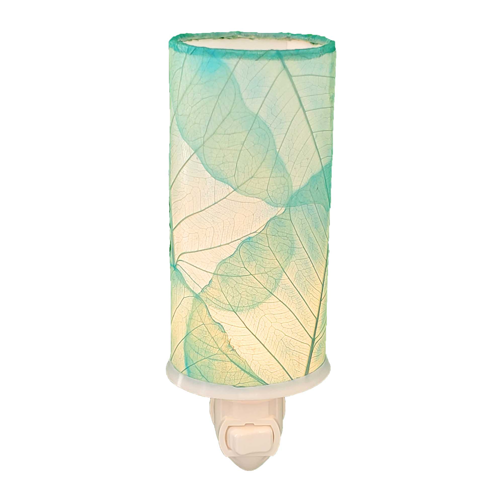 Crafted by the artisans of Eangee Home Design, the Cylinder Nightlight in sea blue against a clean backdrop, featuring handcrafted detailing, fair trade, eco friendly.