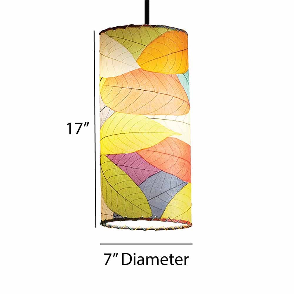 Crafted by the artisans of Eangee Home Design, the Cylinder Pendant in multi color against a clean backdrop, featuring fossilized cocoa leaf shade, handcrafted.