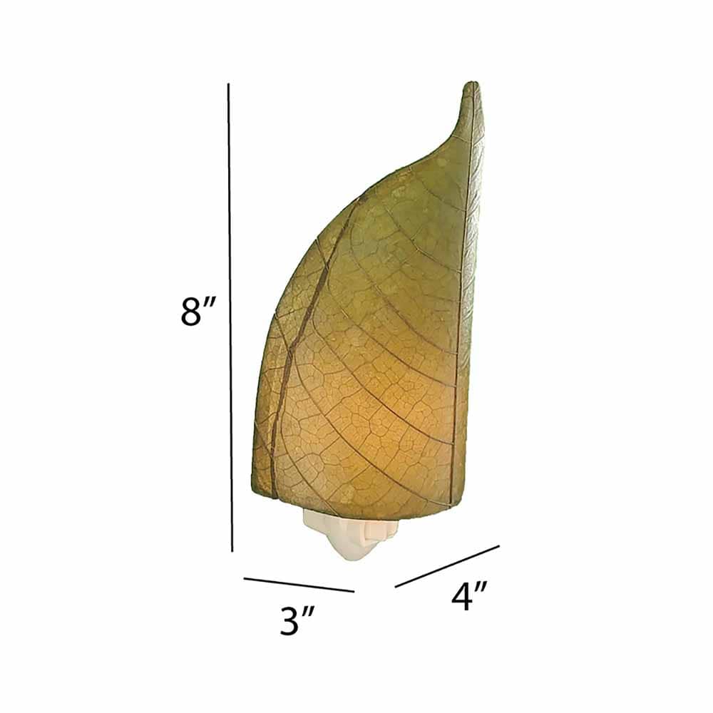 The Leaf Nightlight in green finish by Eangee Home Design displayed against a white background highlights its fossilized cocoa leaf panels and hand placed natural leaves, designed to the leaf nightlight is a little spark with a lot of soul.