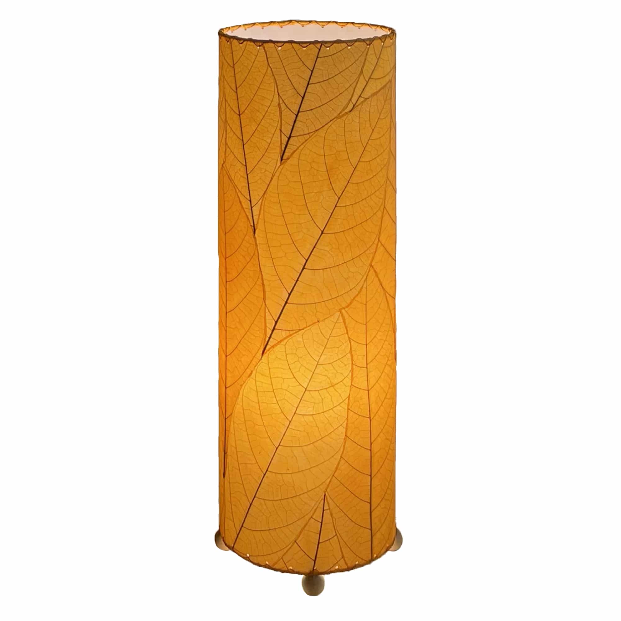 Crafted by the artisans of Eangee Home Design, the 24 Inch Cocoa Leaf Cylinder Table Lamp in orange against a clean backdrop, featuring fossilized cocoa leaf shade, fair trade, eco friendly, sustainably sourced, handcrafted.