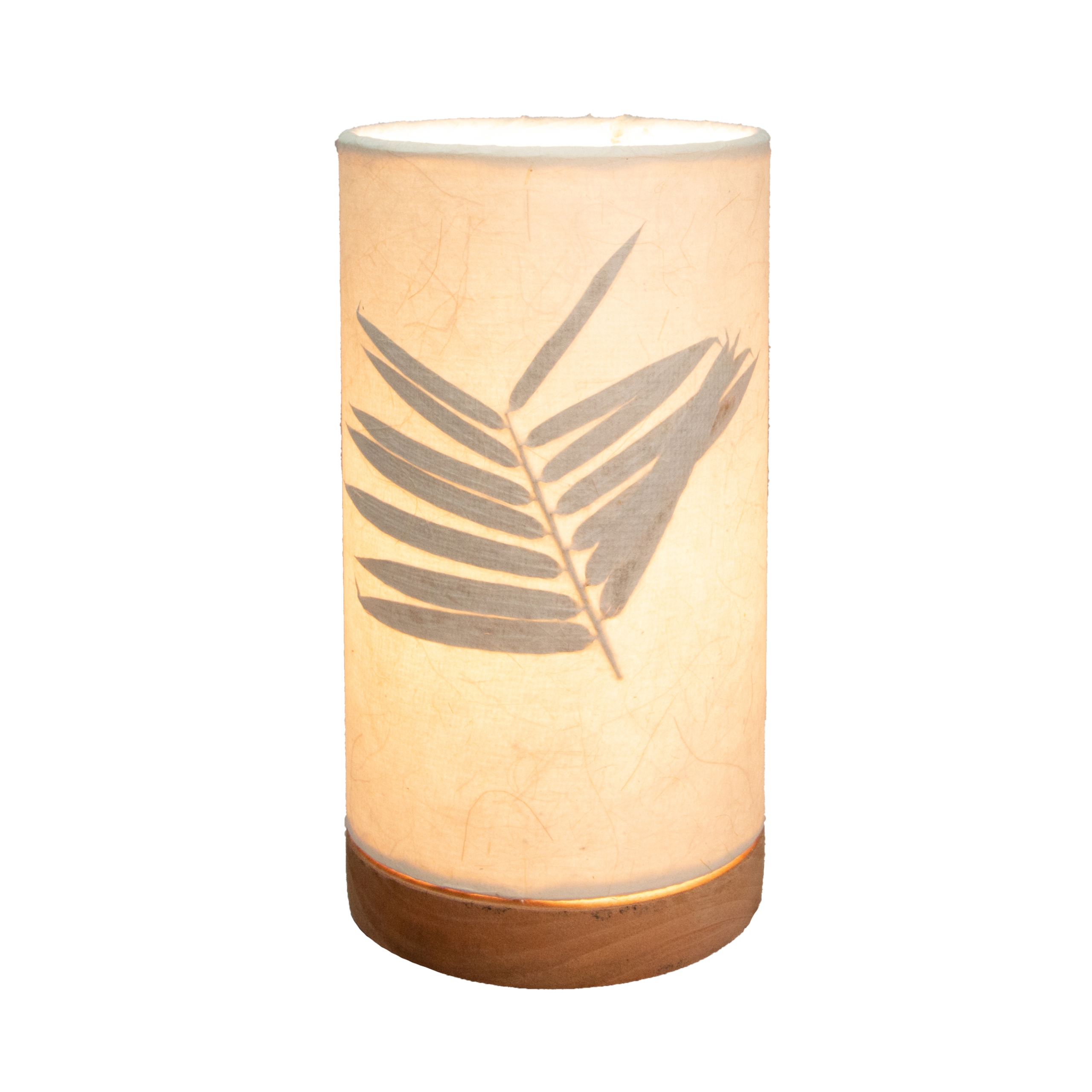 Crafted by the artisans of Eangee Home Design, the Mini Paper Cylinder Table Lamp Bamboo in natural against a clean backdrop, featuring reclaimed mango wood base, recycled paper shade, sustainably sourced, recycled materials.