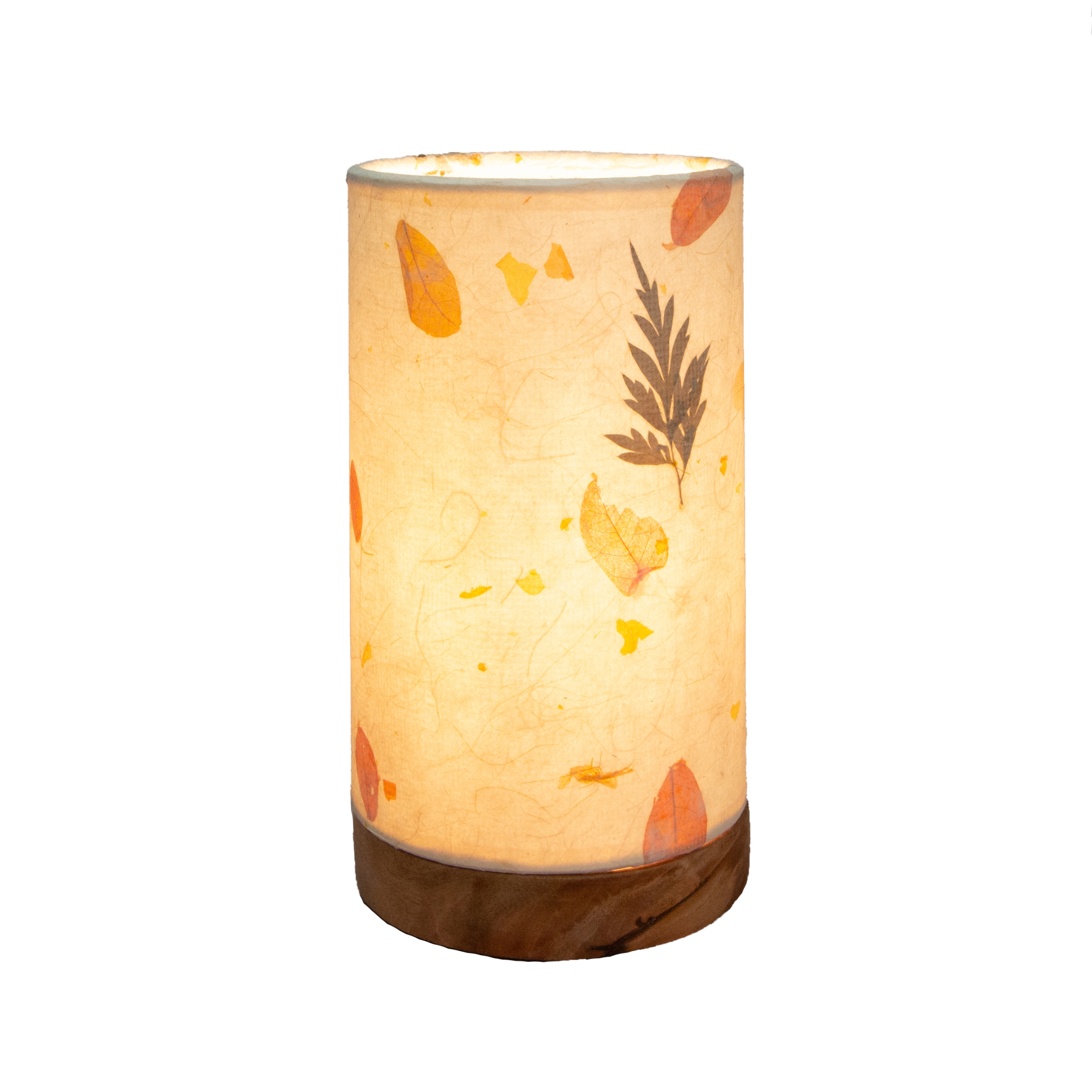 Crafted by the artisans of Eangee Home Design, the Mini Paper Cylinder Table Lamp Fern in natural against a clean backdrop, featuring reclaimed mango wood base, recycled paper shade, sustainably sourced, recycled materials.