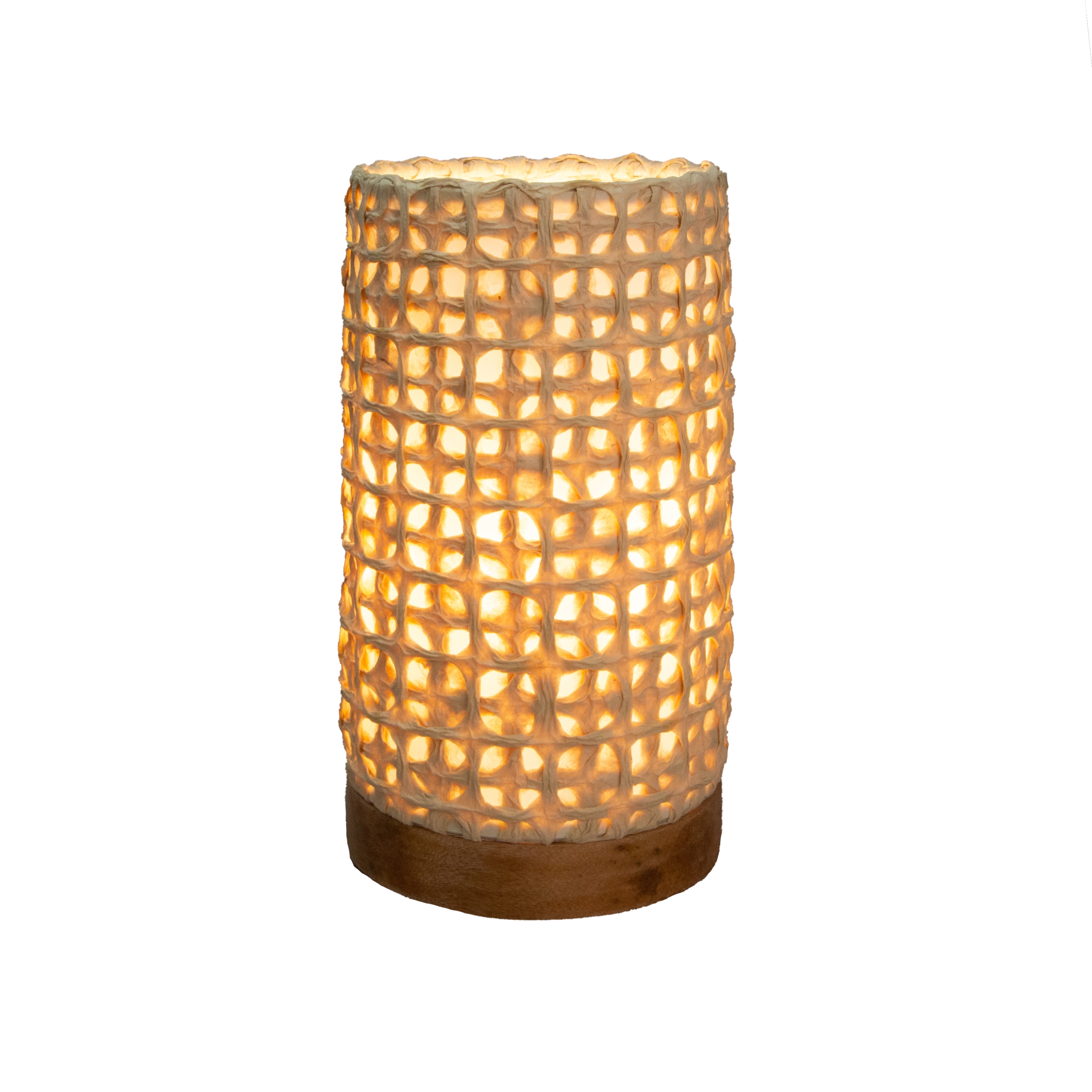 Crafted by the artisans of Eangee Home Design, the Mini Paper Cylinder Table Lamp Mesh in natural against a clean backdrop, featuring reclaimed mango wood base, recycled paper shade, sustainably sourced, recycled materials.