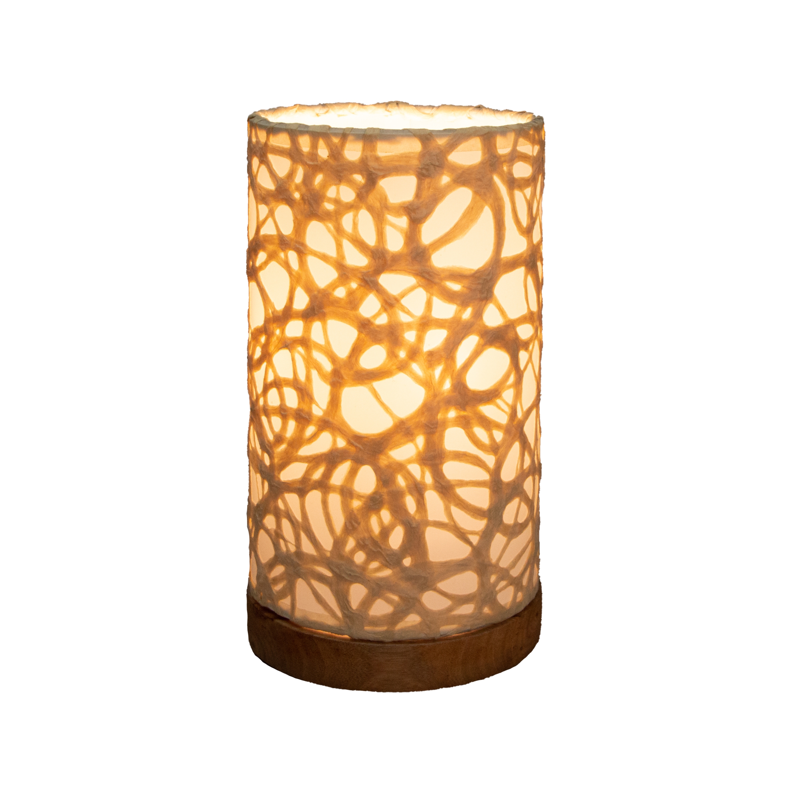 Crafted by the artisans of Eangee Home Design, the Mini Paper Cylinder Table Lamp Swirl in natural against a clean backdrop, featuring reclaimed mango wood base, recycled paper shade, sustainably sourced, recycled materials.