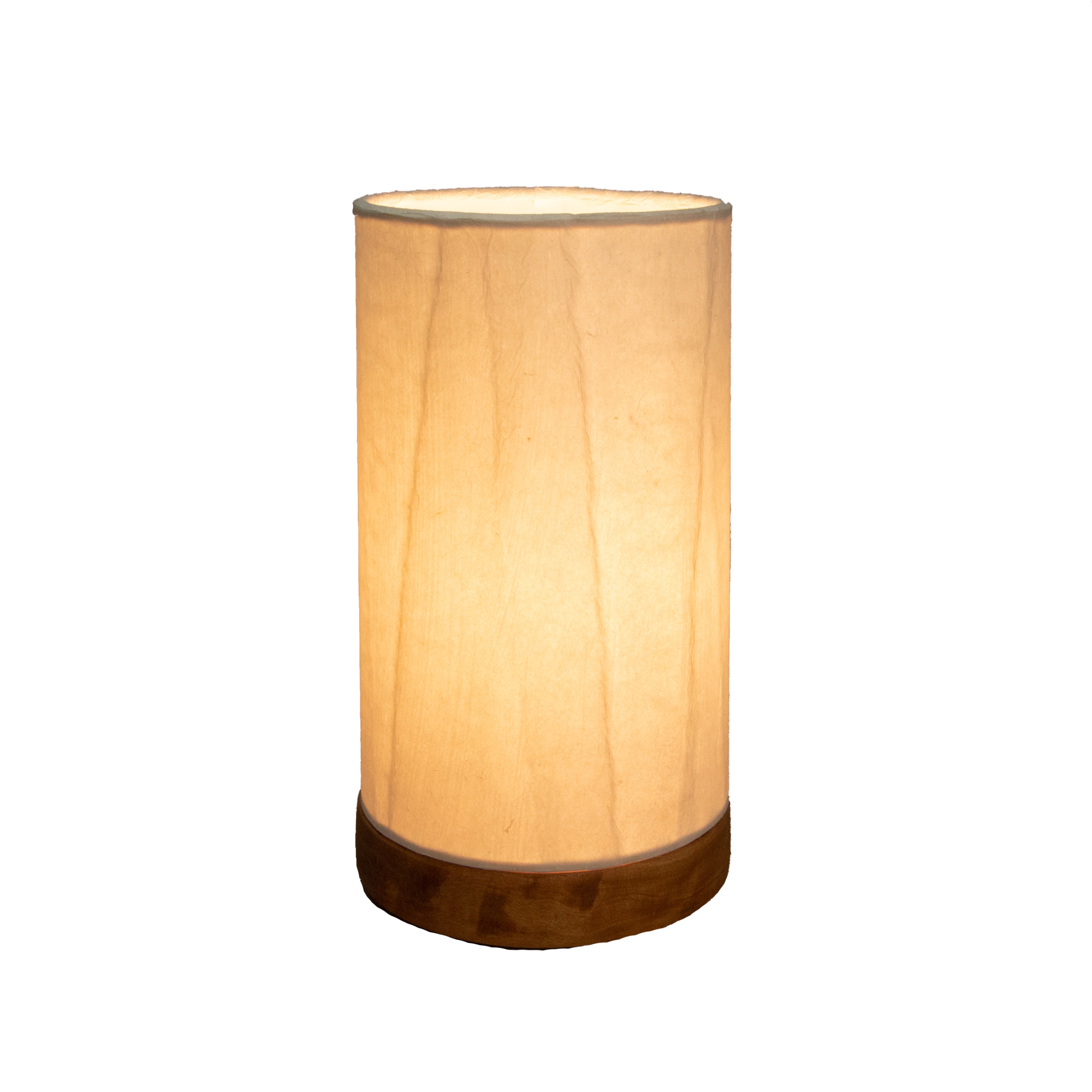 Crafted by the artisans of Eangee Home Design, the Mini Paper Cylinder Table Lamp Glacier in natural against a clean backdrop, featuring reclaimed mango wood base, recycled paper shade, sustainably sourced, recycled materials.
