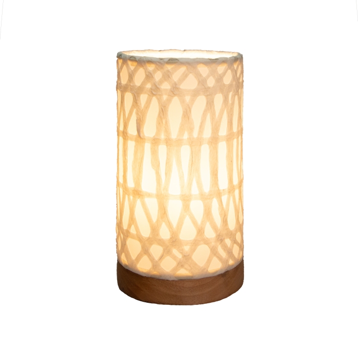 Crafted by the artisans of Eangee Home Design, the Mini Paper Cylinder Table Lamp Arches in natural against a clean backdrop, featuring reclaimed mango wood base, recycled paper shade, sustainably sourced, recycled materials.