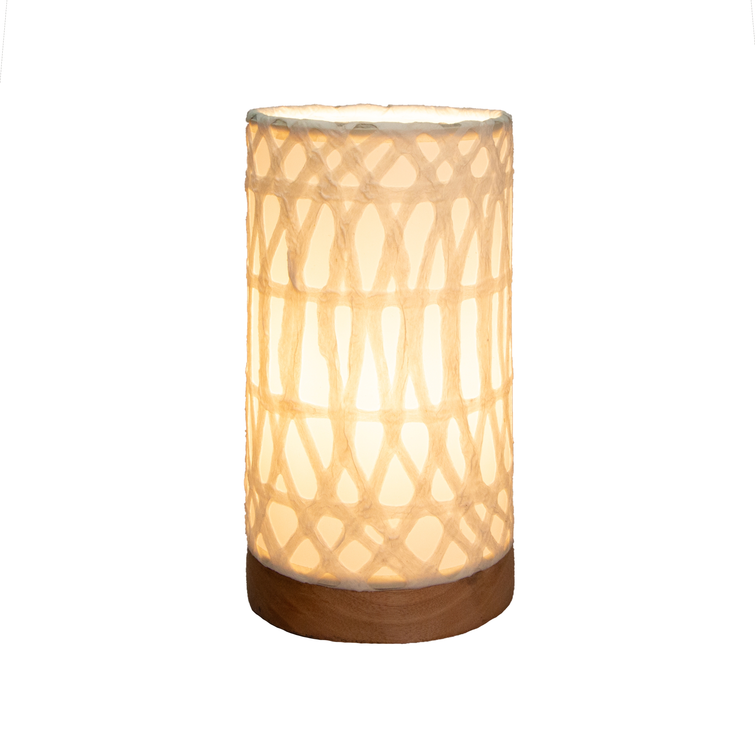 Crafted by the artisans of Eangee Home Design, the Mini Paper Cylinder Table Lamp Arches in natural against a clean backdrop, featuring reclaimed mango wood base, recycled paper shade, sustainably sourced, recycled materials.