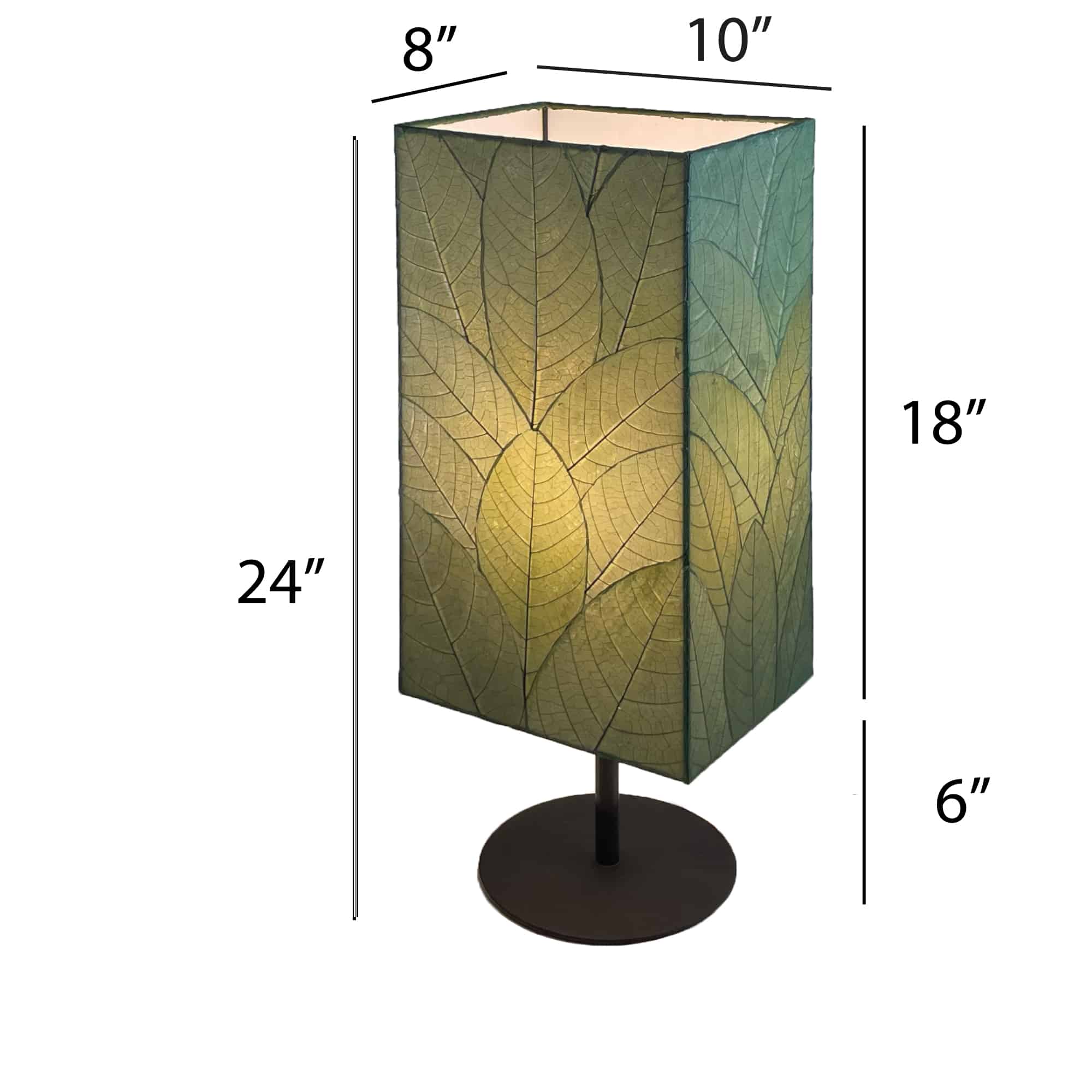 Crafted by the artisans of Eangee Home Design, the Sequoia Table Lamp in green against a clean backdrop, featuring fossilized cocoa leaf shade, fair trade, sustainably sourced.