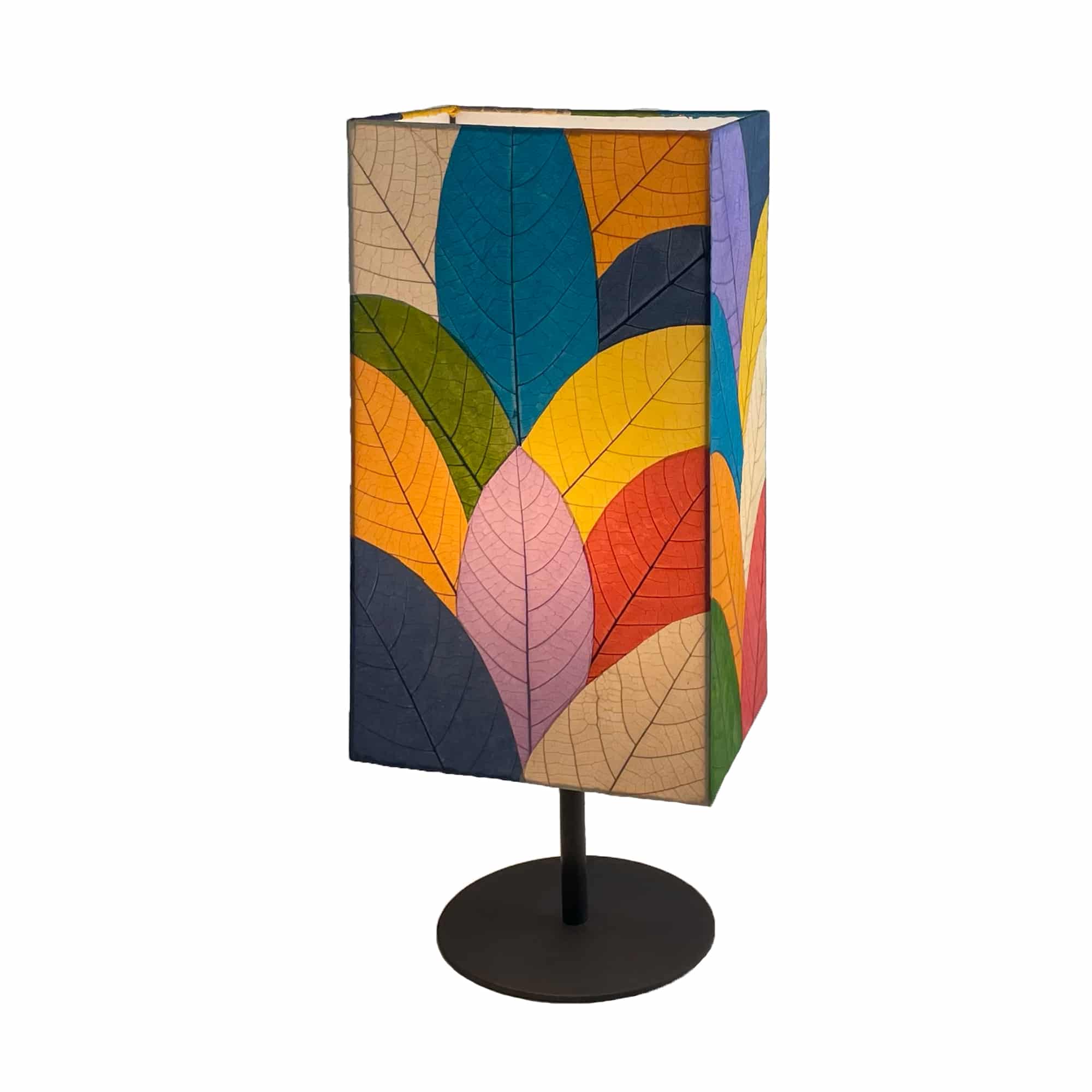 Crafted by the artisans of Eangee Home Design, the Sequoia Table Lamp in multi color against a clean backdrop, featuring fossilized cocoa leaf shade, fair trade, sustainably sourced.