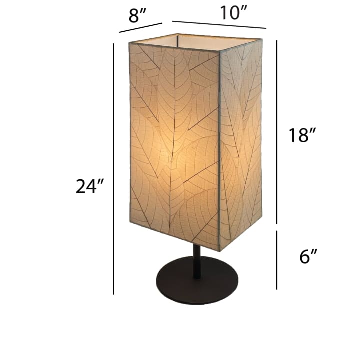 Crafted by the artisans of Eangee Home Design, the Sequoia Table Lamp in natural against a clean backdrop, featuring fossilized cocoa leaf shade, fair trade, sustainably sourced.