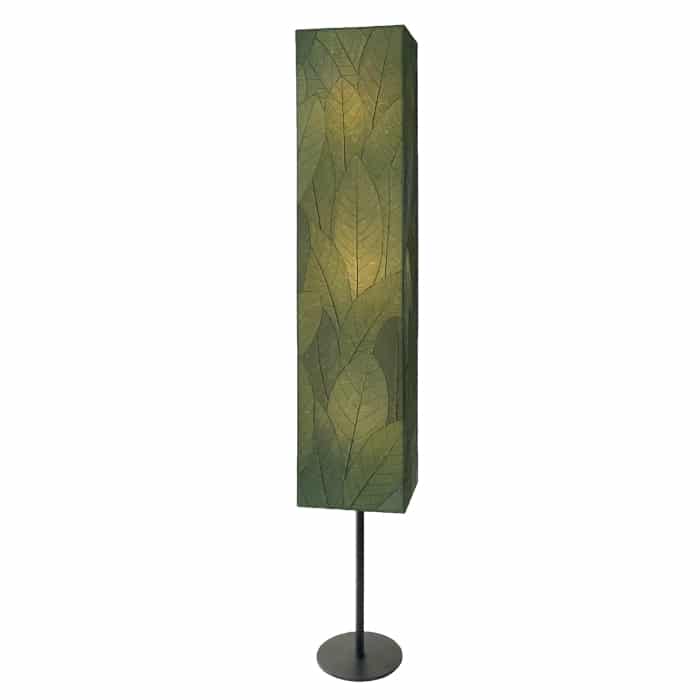 Crafted by the artisans of Eangee Home Design, the Sequoia Giant Floor Lamp in green against a clean backdrop, featuring fossilized cocoa leaf shade, fair trade, handcrafted.