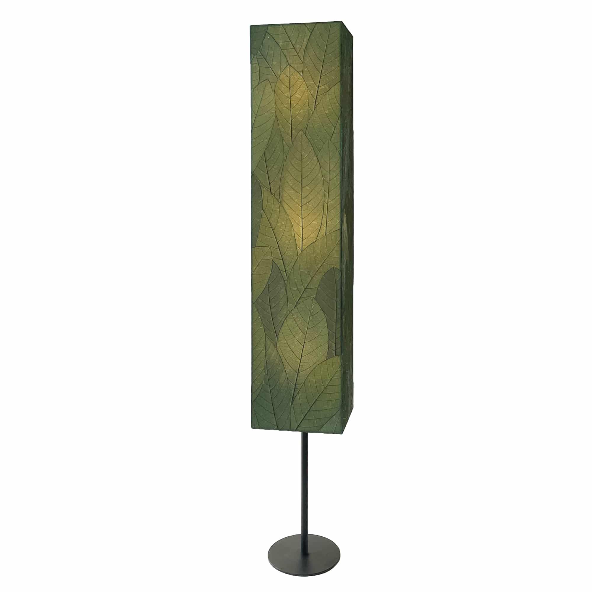 Crafted by the artisans of Eangee Home Design, the Sequoia Giant Floor Lamp in green against a clean backdrop, featuring fossilized cocoa leaf shade, fair trade, handcrafted.