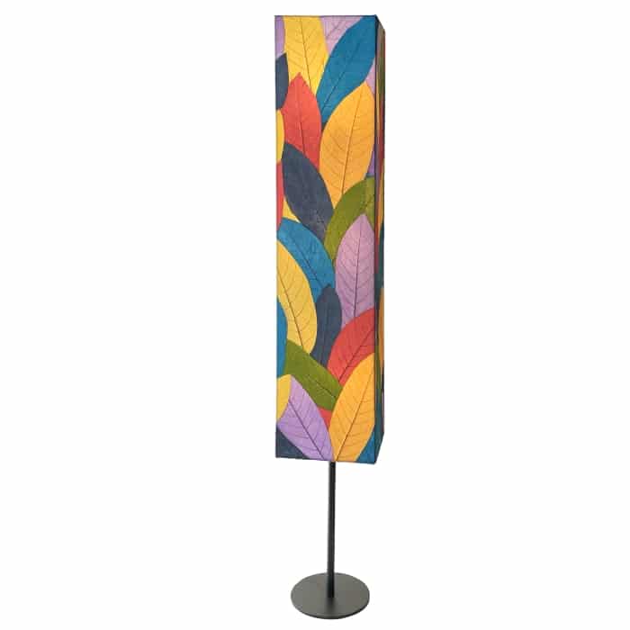 Crafted by the artisans of Eangee Home Design, the Sequoia Giant Floor Lamp in multi color against a clean backdrop, featuring fossilized cocoa leaf shade, fair trade, handcrafted.