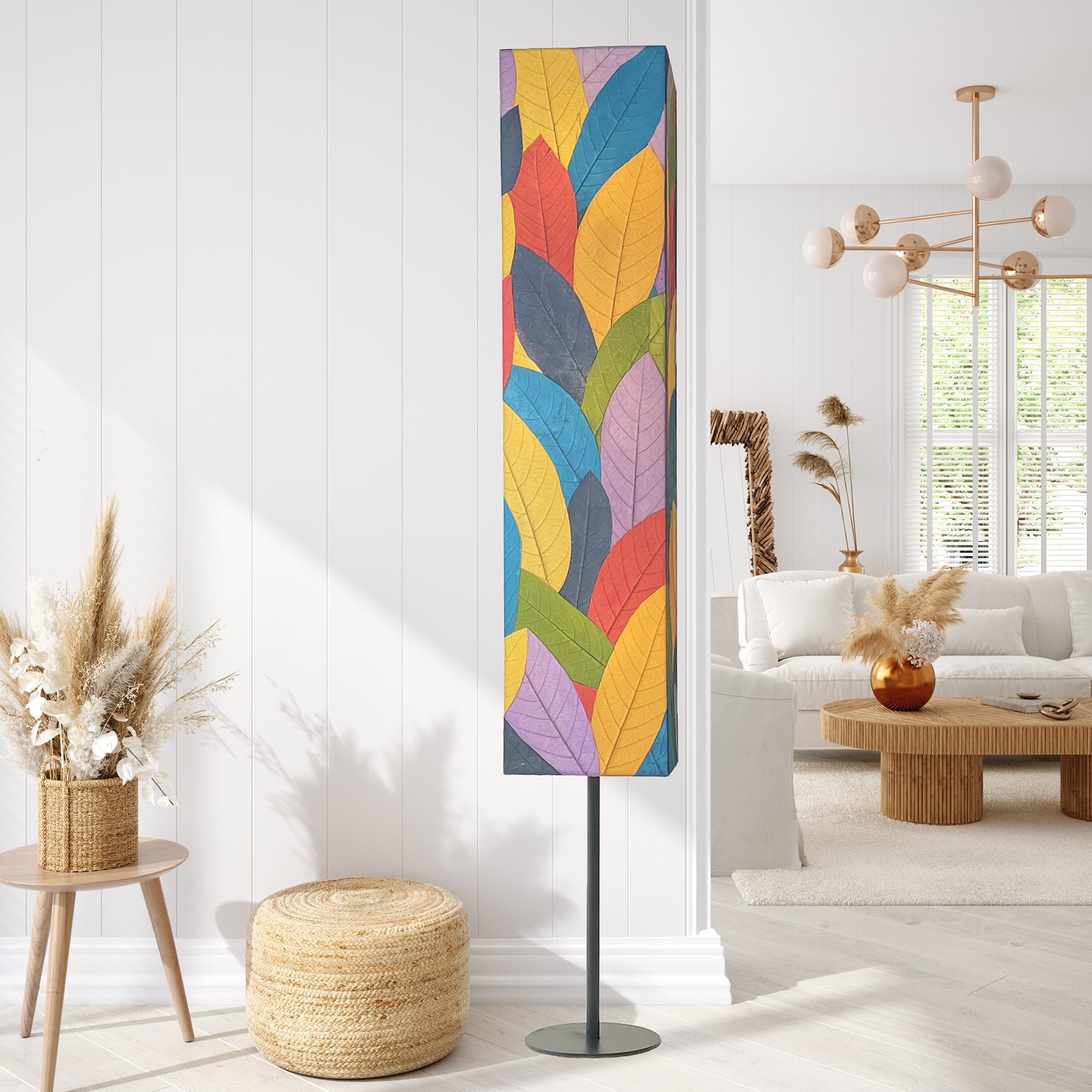 Crafted by the artisans of Eangee Home Design, the Sequoia Giant Floor Lamp in multi color against a clean backdrop, featuring fossilized cocoa leaf shade, fair trade, handcrafted.