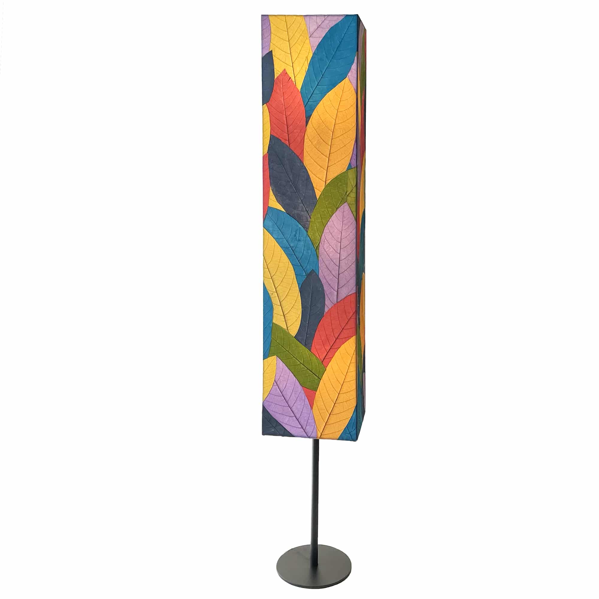 Crafted by the artisans of Eangee Home Design, the Sequoia Giant Floor Lamp in multi color against a clean backdrop, featuring fossilized cocoa leaf shade, fair trade, handcrafted.