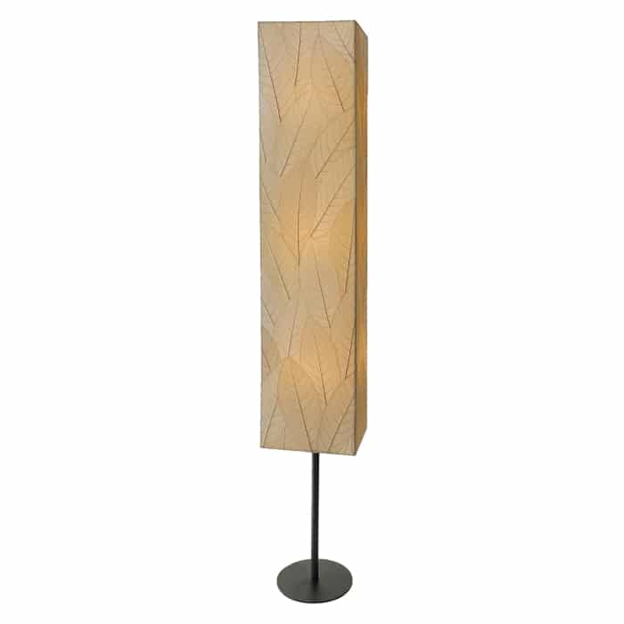 Crafted by the artisans of Eangee Home Design, the Sequoia Giant Floor Lamp in natural against a clean backdrop, featuring fossilized cocoa leaf shade, fair trade, handcrafted.