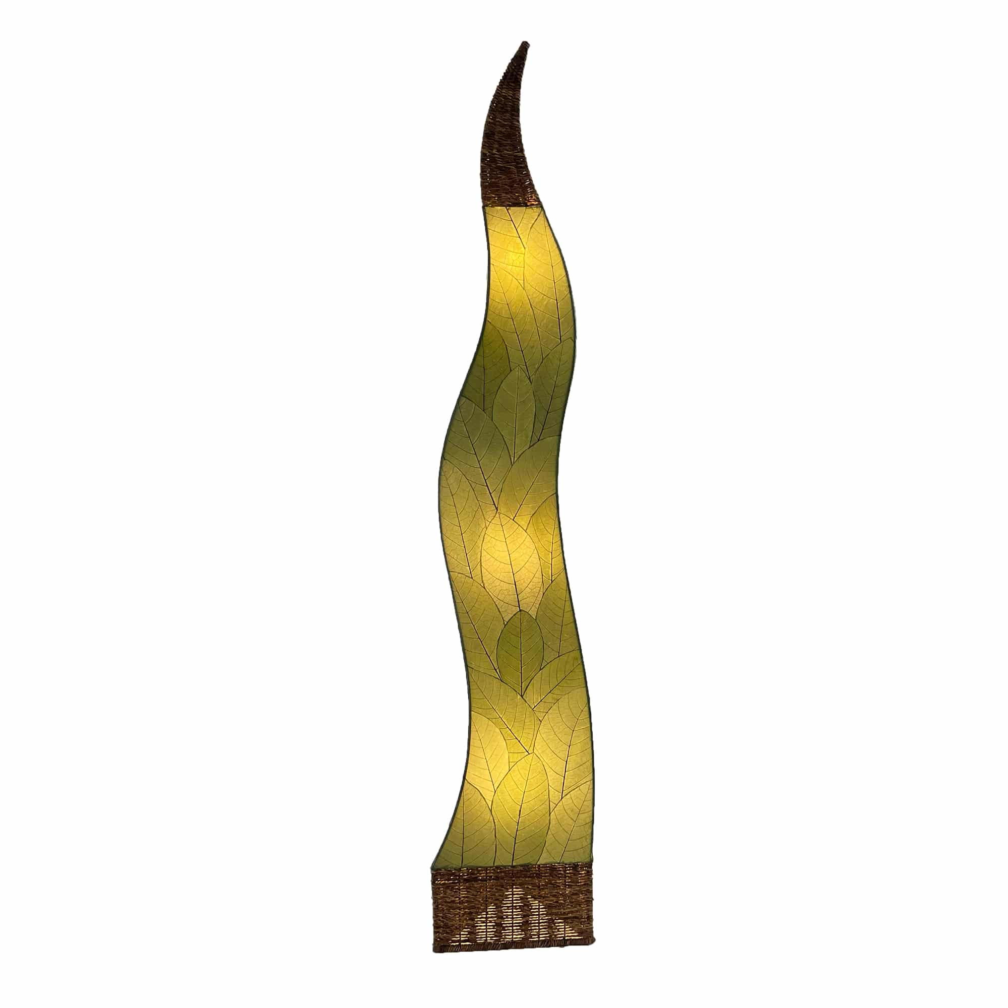 Crafted by the artisans of Eangee Home Design, the Flame Giant Lamp in green against a clean backdrop, featuring fossilized cocoa leaf shade, abaca rope accents, fair trade.