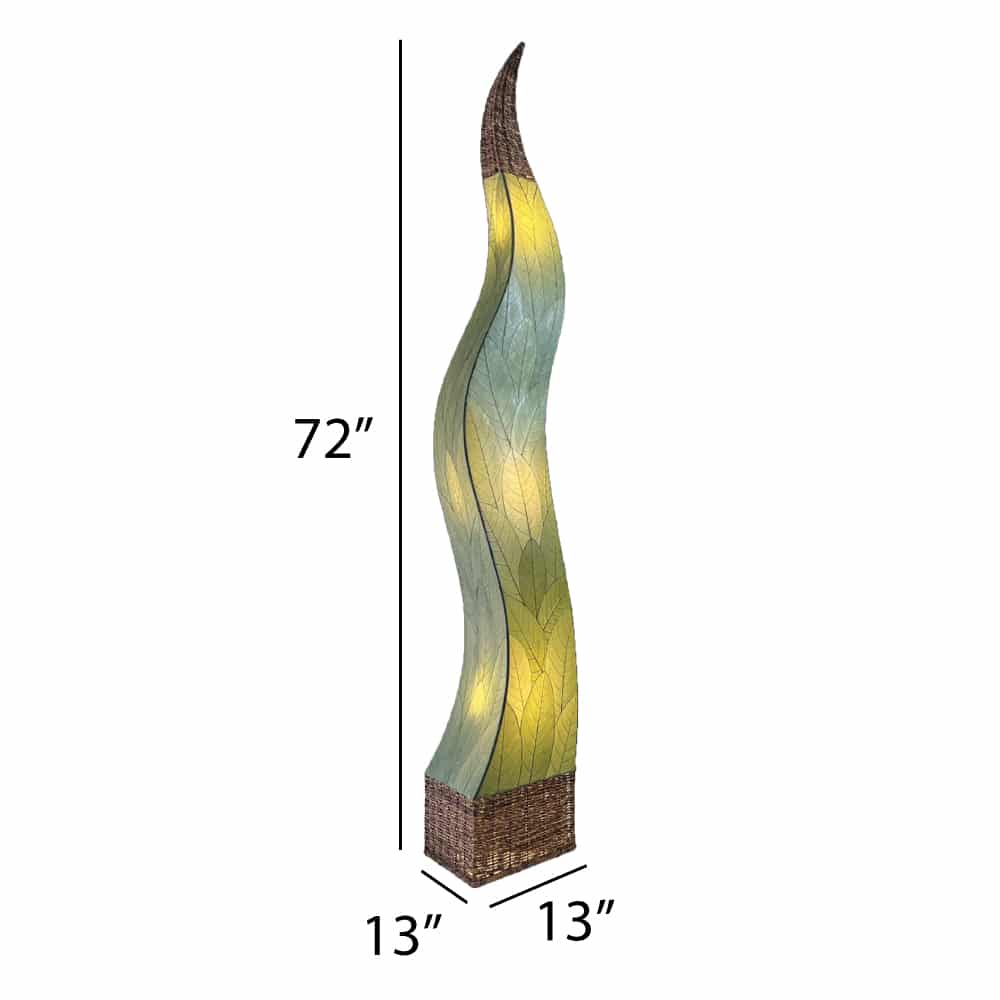 Crafted by the artisans of Eangee Home Design, the Flame Giant Lamp in green against a clean backdrop, featuring fossilized cocoa leaf shade, abaca rope accents, fair trade.