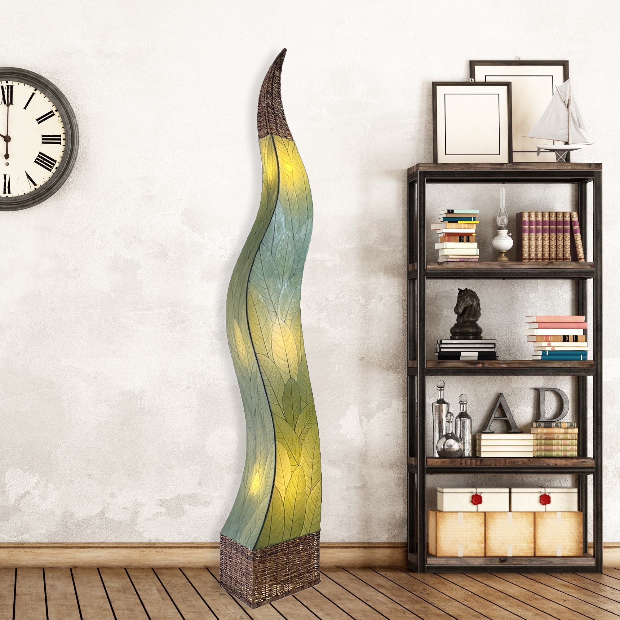 In a quiet bedside corner, crafted by the artisans of Eangee Home Design, the Flame Giant Lamp in green stands gracefully, featuring fossilized cocoa leaf shade, abaca rope accents, fair trade, adding warmth and character to the space.