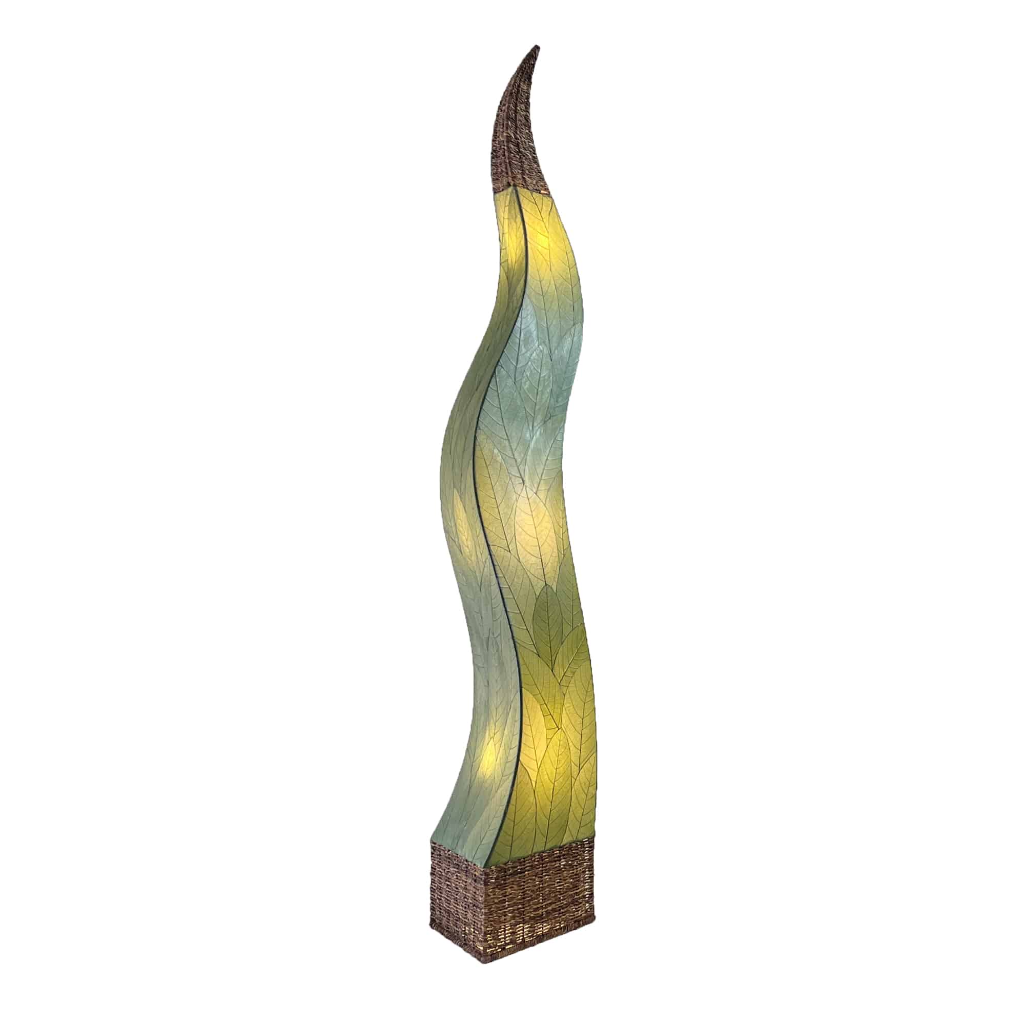 Crafted by the artisans of Eangee Home Design, the Flame Giant Lamp in green against a clean backdrop, featuring fossilized cocoa leaf shade, abaca rope accents, fair trade.