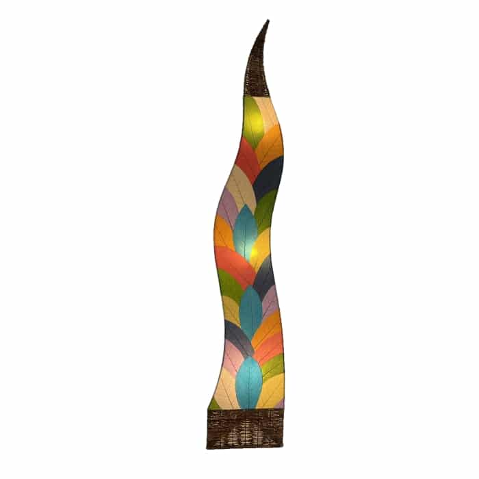 Crafted by the artisans of Eangee Home Design, the Flame Giant Lamp in multi color against a clean backdrop, featuring fossilized cocoa leaf shade, abaca rope accents, fair trade.