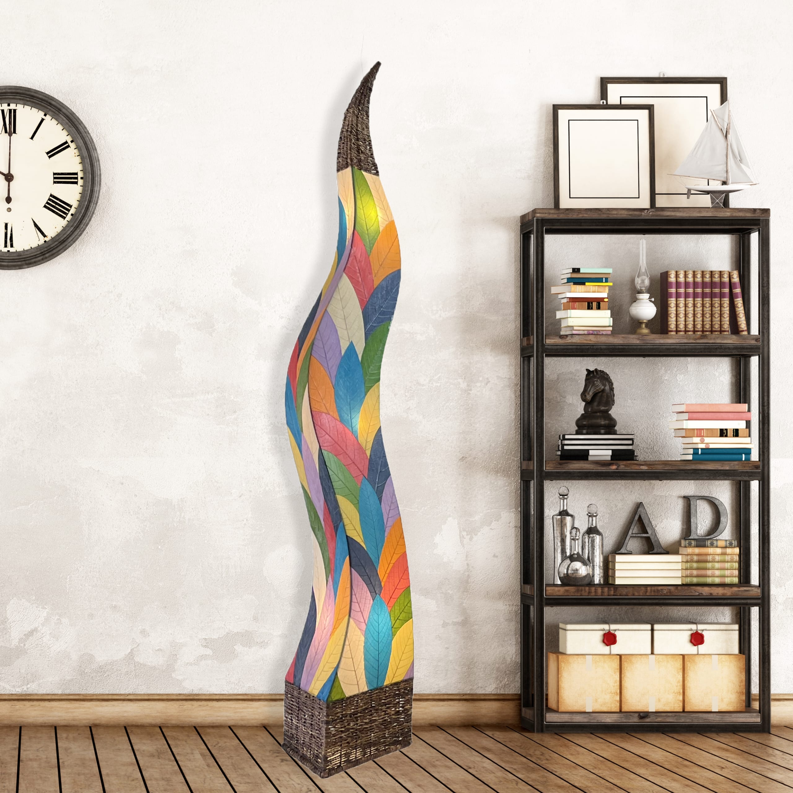 In a modern interior with earth tones, crafted by the artisans of Eangee Home Design, the Flame Giant Lamp in multi color stands gracefully, featuring fossilized cocoa leaf shade, abaca rope accents, fair trade, adding warmth and character to the space.
