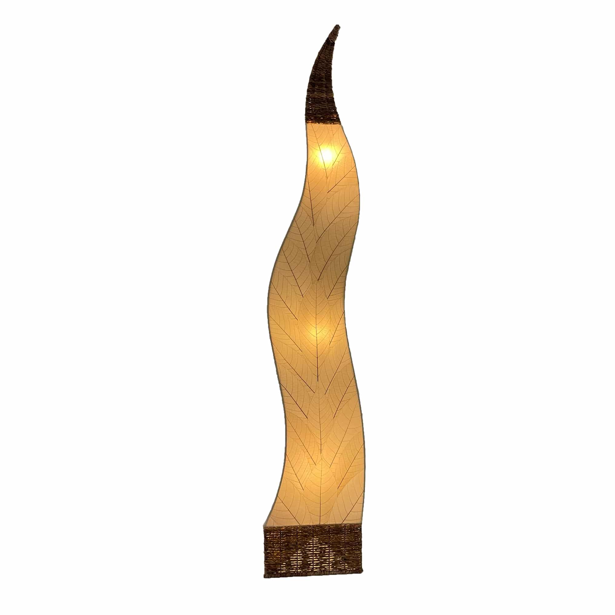 Crafted by the artisans of Eangee Home Design, the Flame Giant Lamp in natural against a clean backdrop, featuring fossilized cocoa leaf shade, abaca rope accents, fair trade.