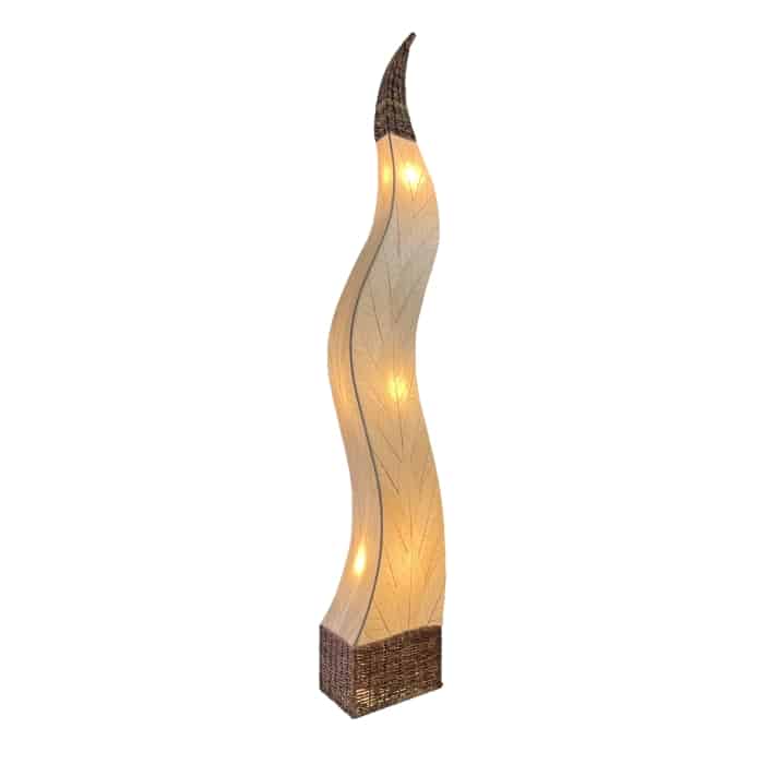 Crafted by the artisans of Eangee Home Design, the Flame Giant Lamp in natural against a clean backdrop, featuring fossilized cocoa leaf shade, abaca rope accents, fair trade.