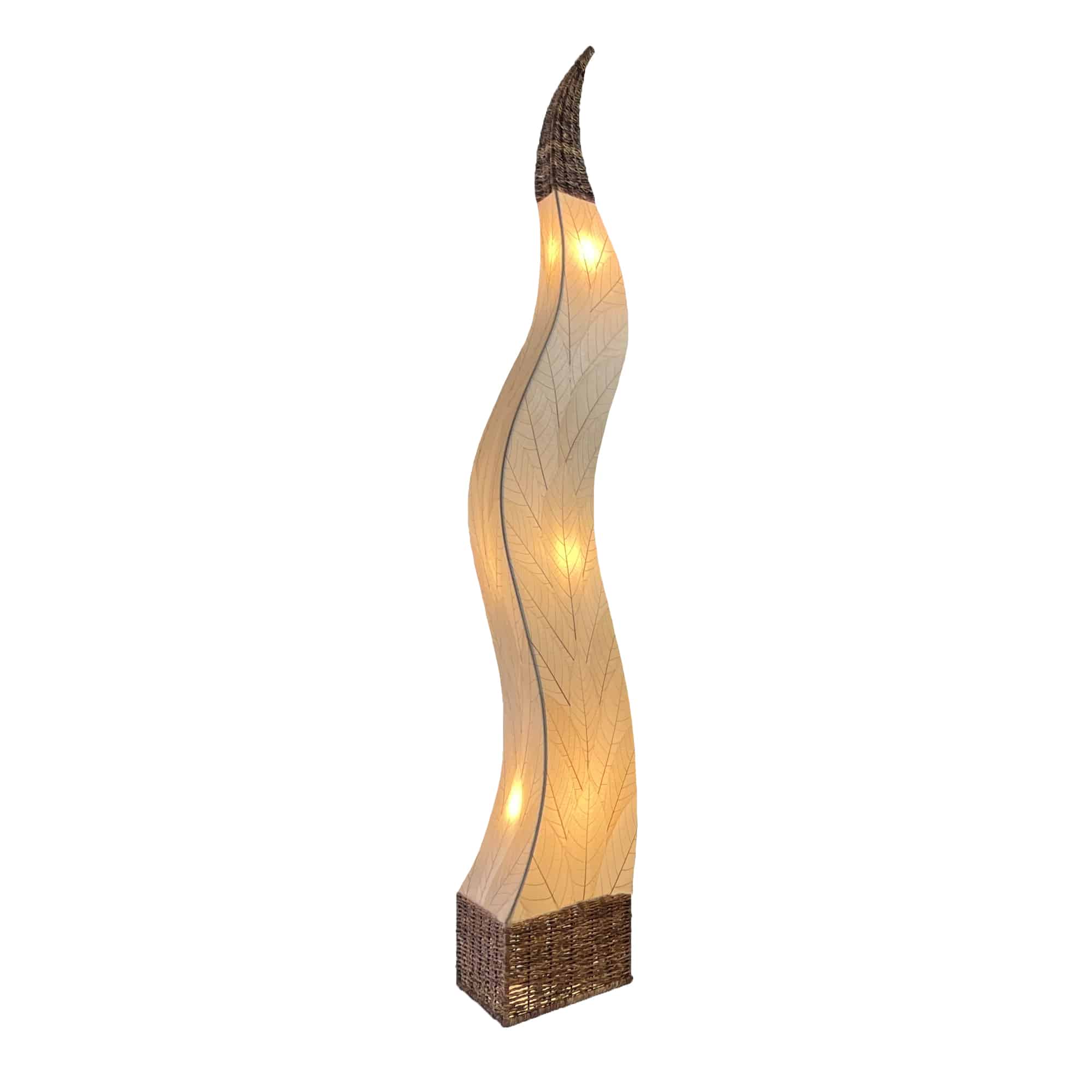 Crafted by the artisans of Eangee Home Design, the Flame Giant Lamp in natural against a clean backdrop, featuring fossilized cocoa leaf shade, abaca rope accents, fair trade.