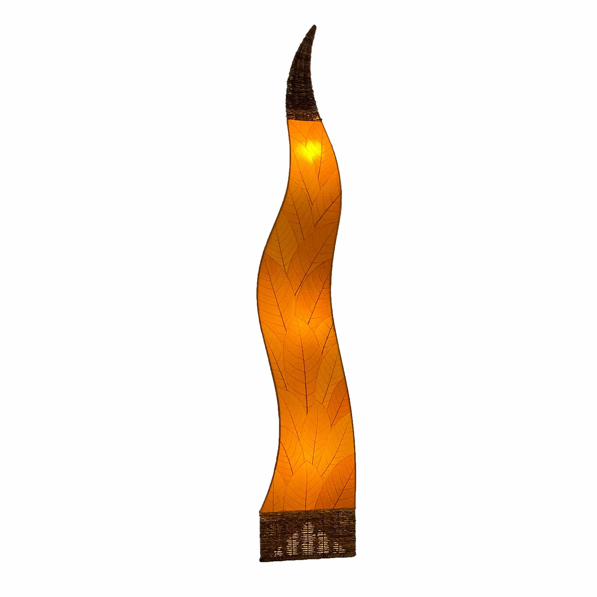 Crafted by the artisans of Eangee Home Design, the Flame Giant Lamp in orange against a clean backdrop, featuring fossilized cocoa leaf shade, abaca rope accents, fair trade.