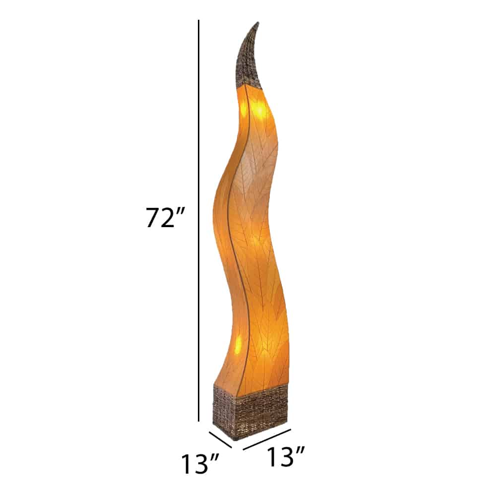 Crafted by the artisans of Eangee Home Design, the Flame Giant Lamp in orange against a clean backdrop, featuring fossilized cocoa leaf shade, abaca rope accents, fair trade.
