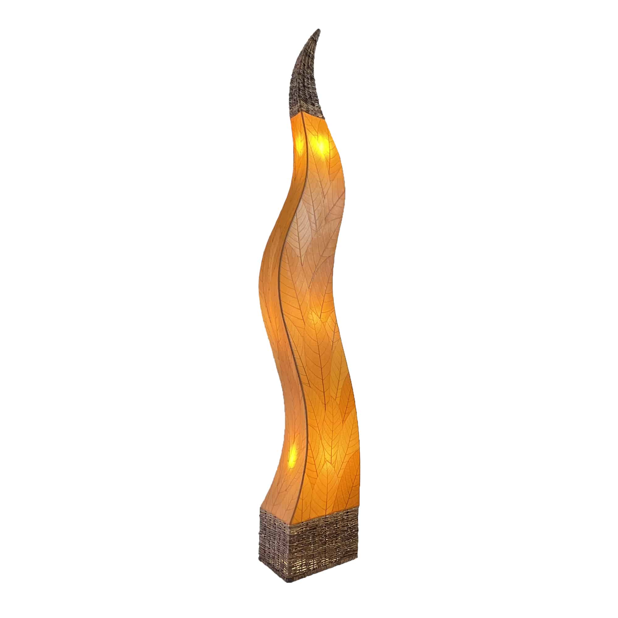 Crafted by the artisans of Eangee Home Design, the Flame Giant Lamp in orange against a clean backdrop, featuring fossilized cocoa leaf shade, abaca rope accents, fair trade.