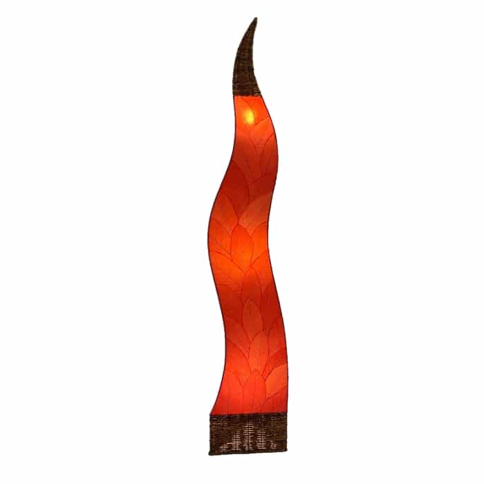 Crafted by the artisans of Eangee Home Design, the Flame Giant Lamp in red against a clean backdrop, featuring fossilized cocoa leaf shade, abaca rope accents, fair trade.