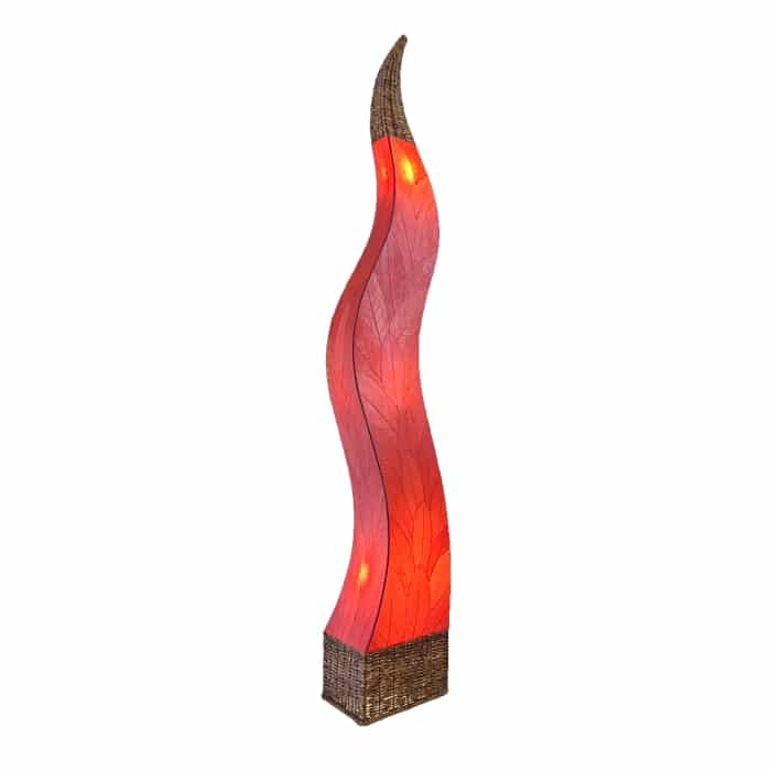 Crafted by the artisans of Eangee Home Design, the Flame Giant Lamp in red against a clean backdrop, featuring fossilized cocoa leaf shade, abaca rope accents, fair trade.