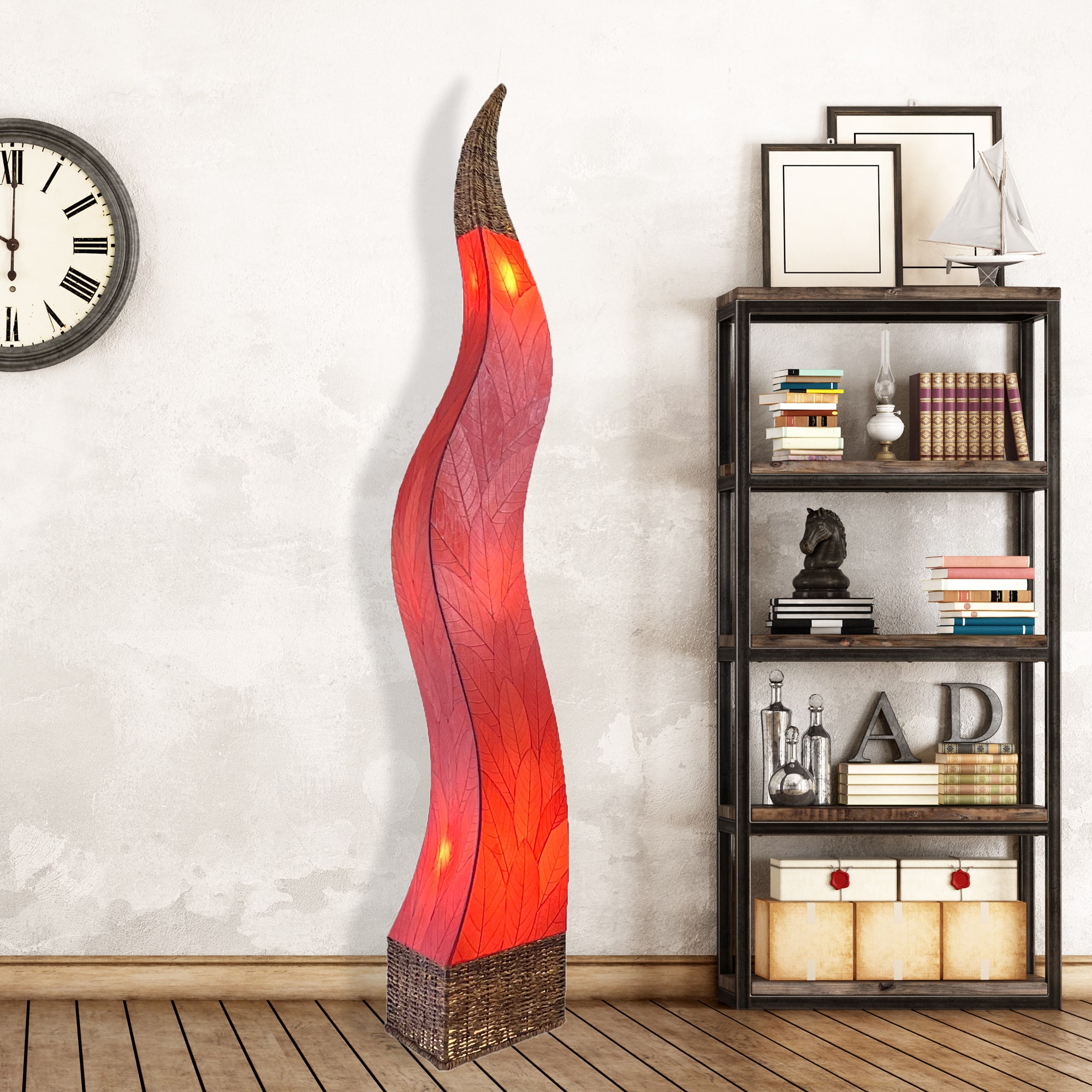 In a modern interior with earth tones, crafted by the artisans of Eangee Home Design, the Flame Giant Lamp in red stands gracefully, featuring fossilized cocoa leaf shade, abaca rope accents, fair trade, adding warmth and character to the space.
