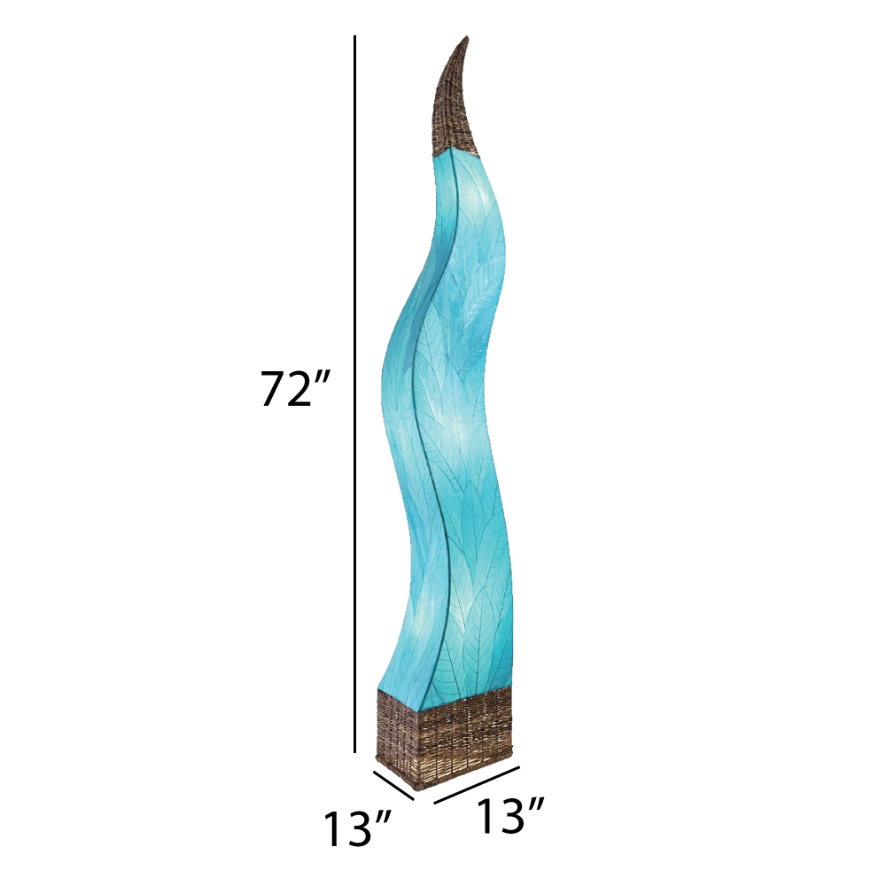 Crafted by the artisans of Eangee Home Design, the Flame Giant Lamp in sea blue against a clean backdrop, featuring fossilized cocoa leaf shade, abaca rope accents, fair trade.