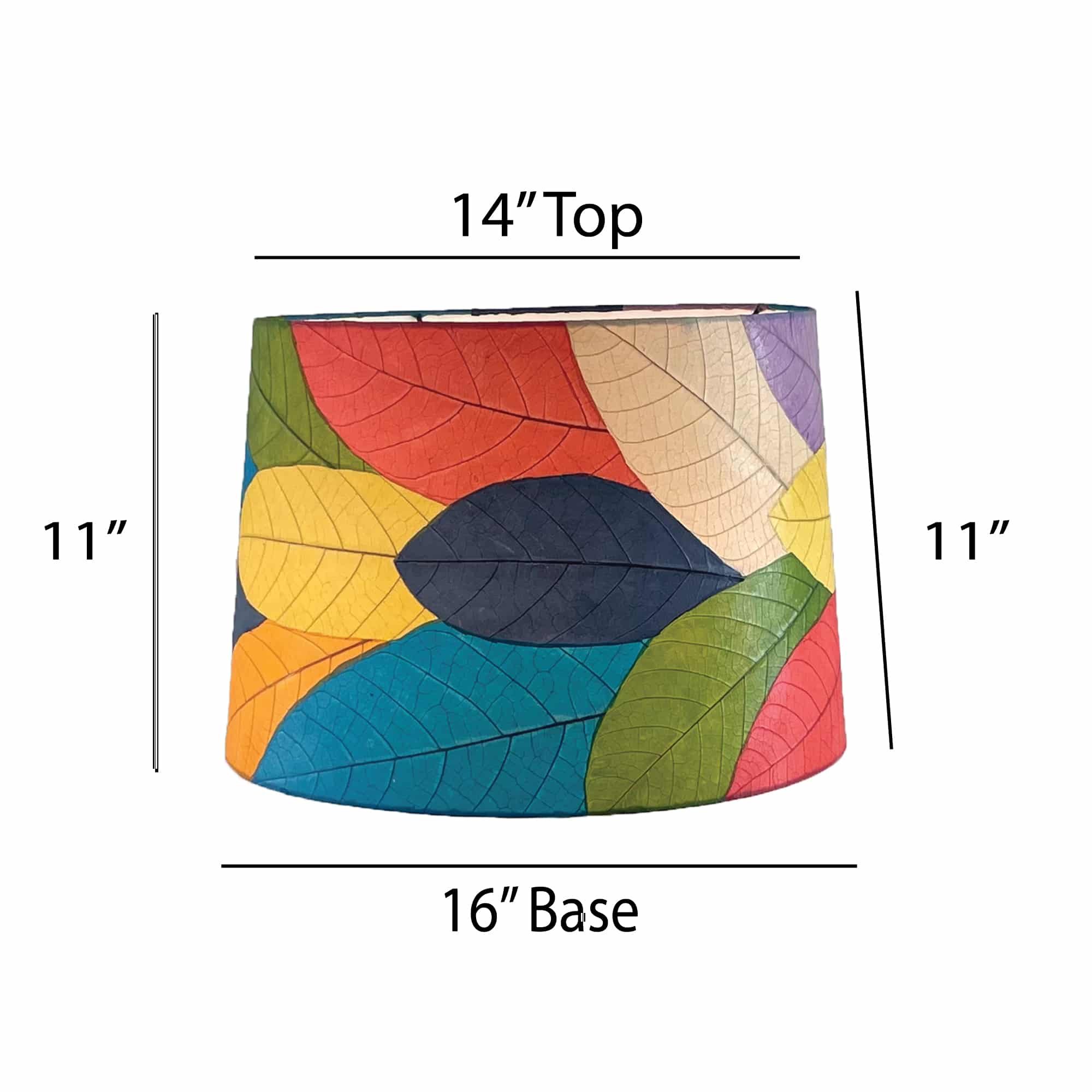 Crafted by the artisans of Eangee Home Design, the 16 Inch Tapered Drum Shade in multi color against a clean backdrop, featuring fossilized cocoa leaf shade, wrought iron frame, fair trade, sustainably sourced, handcrafted.